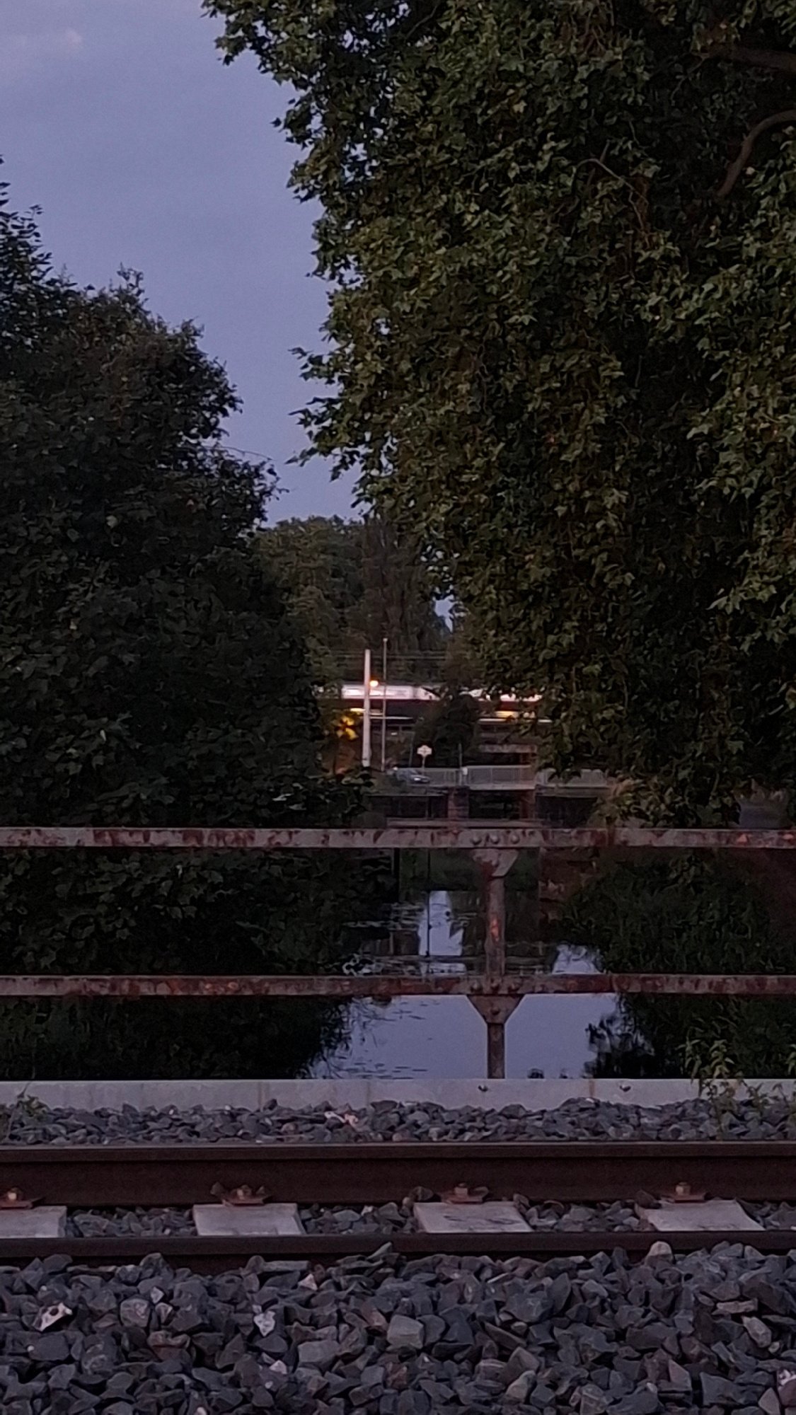 The image depicts a view over train tracks and a rusty railing, looking towards a body of water and some buildings in the distance. Lush green trees frame the scene on both sides. The sky is a dusky blue, suggesting either early morning or late evening. The train tracks are covered in dark grey gravel, with two sets of parallel rails visible. The railing is a weathered, reddish-brown color. The water is dark and reflects the surrounding foliage. In the background, a white building with some illuminated windows is visible, along with what appears to be a tall pole or antenna. The overall impression is of a semi-urban or industrial area with significant natural elements. There are no people or animals visible in the image. The location is not Strasbourg, France.