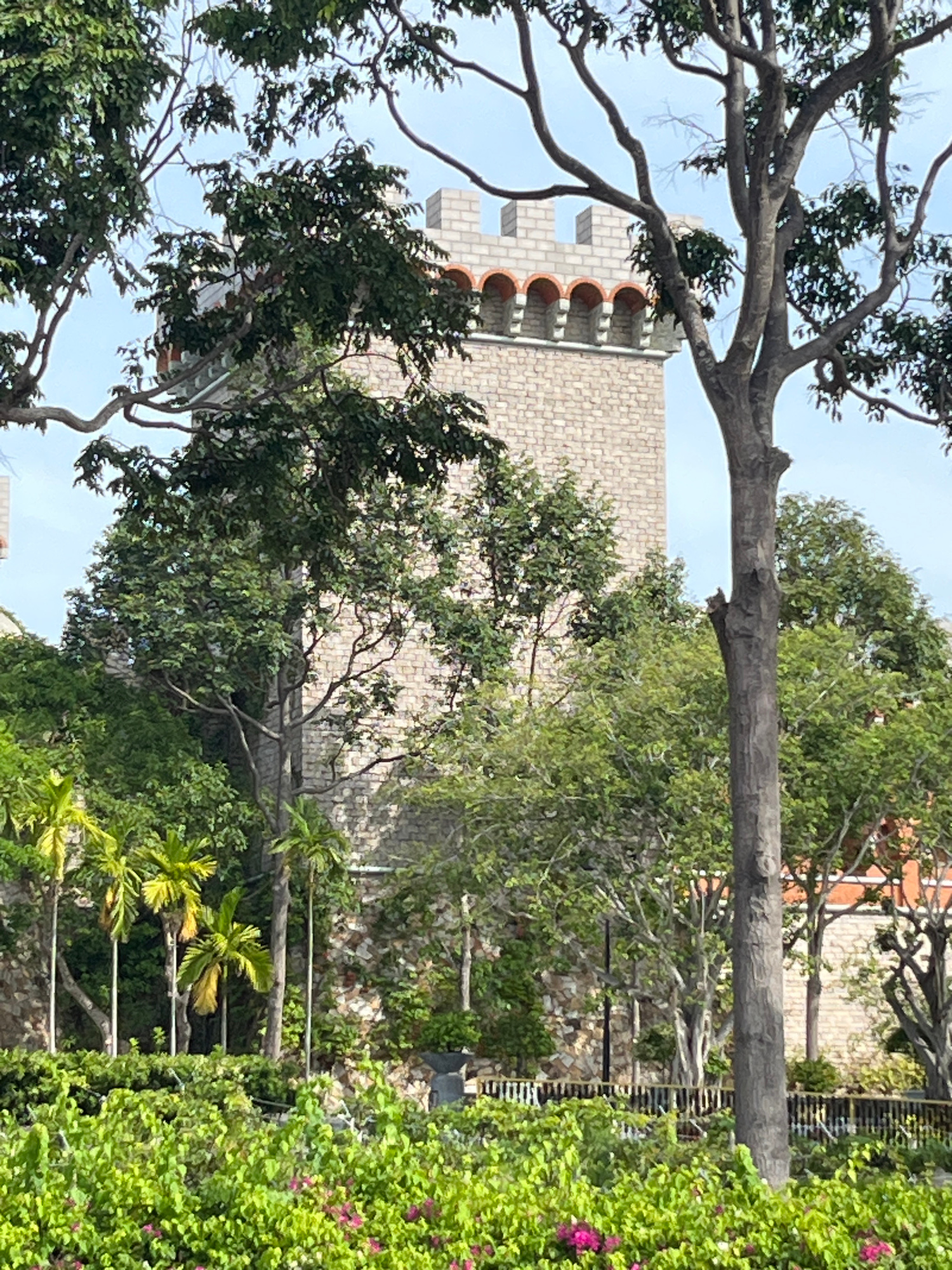 The image depicts a stone tower with crenellations and arched windows, indicative of a castle-like structure, situated within a lush green environment. The tower is constructed from light-colored bricks. In the foreground, dense foliage, including flowering plants with pink blossoms, creates a vibrant green carpet. Several palm trees with yellowing fronds are scattered throughout the middle ground, alongside other trees with full green canopies. The background reveals more of the stone tower and hints at other architectural elements, possibly part of the same complex, with reddish accents. The sky is a clear, light blue. The scene appears to be an outdoor public space, perhaps a park or a themed attraction, given the manicured greenery and the distinctive architectural style of the tower. Based on the provided location, this image is likely a scene from Phu Thuy Ward, Vietnam. There are no people visible in the image.