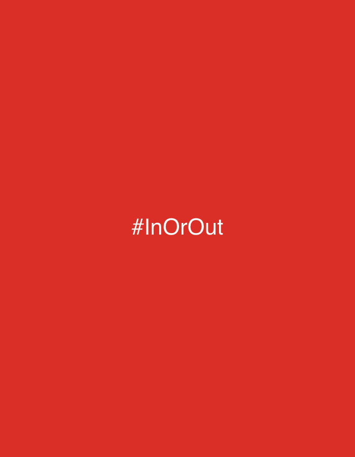 A square image features a solid, vibrant red background. Centered on the image is the text "#InOrOut" in white, sans-serif font. The text is the only element present in the image. No people, objects, or scene details are visible. The context of Sutomore, Montenegro does not provide any visual cues within the image itself. The image appears to be a simple graphic or branding element.