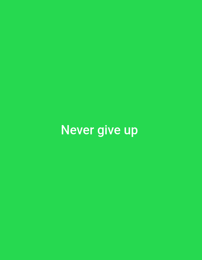 This is a static, full-frame image with a solid, vibrant green background. Centered in the frame, near the bottom, is the phrase "Never give up" rendered in white, sans-serif text. The font is clean and modern, with consistent spacing between letters and words. There are no people, objects, or discernible scenery within the image, making the text the sole focal point. The lighting appears even and bright, with no shadows. The overall mood evoked by the bright green and the motivational text is one of optimism and encouragement. The image does not provide any clues about the time of day, weather, or specific location.