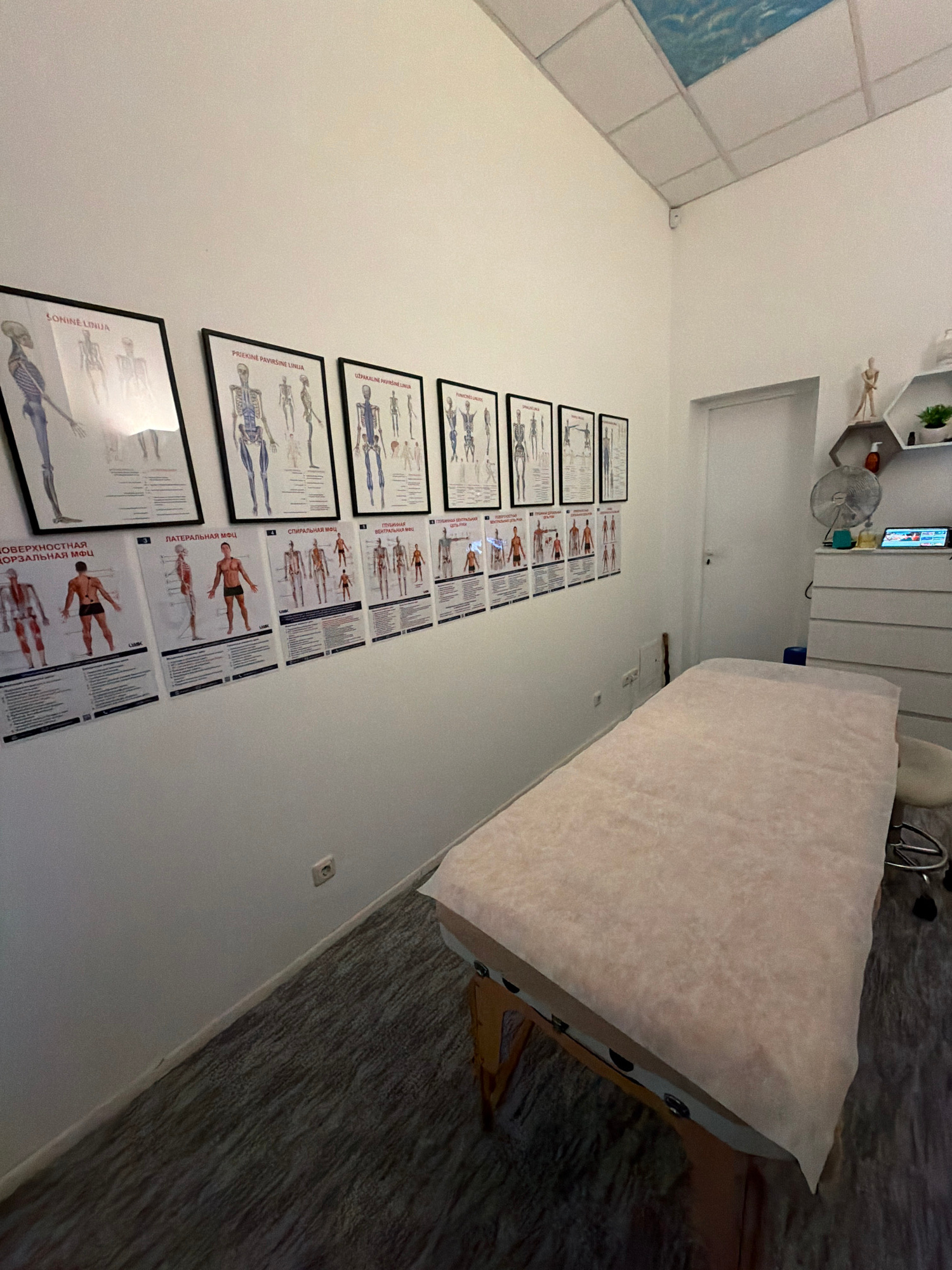 The image depicts an interior scene, likely a therapeutic or medical office, given the anatomical charts displayed on the wall. The room appears to be sparsely furnished, with a massage table covered in white paper dominating the right side of the frame. Anatomical charts illustrating the human musculoskeletal system are neatly arranged on the wall to the left. Some of these charts have text in what appears to be Cyrillic and Lithuanian, as suggested by the provided OCR and location context.
The lighting suggests it could be daytime, with artificial light contributing to the overall illumination. The overall atmosphere seems calm and professional, devoid of any overt signs of activity or specific event. The setting appears to be a dedicated space for healing or physical therapy, possibly in Vilnius, Lithuania. The muted colors and orderly arrangement of the charts contribute to a sense of clinical cleanliness and focus on anatomical understanding. The perspective is from a low angle, looking upwards towards the ceiling and then diagonally across the room.