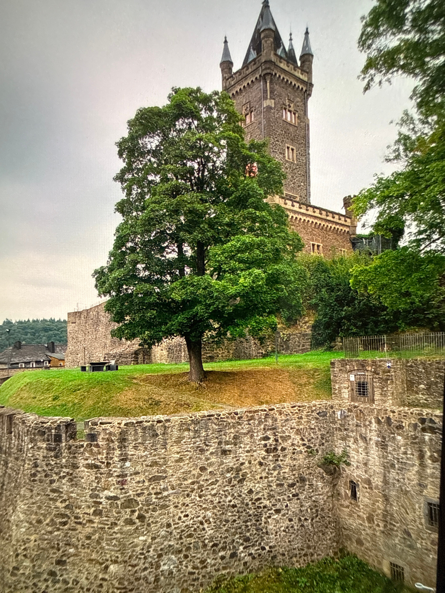 The image depicts a stone castle tower with multiple spires against a cloudy sky. In the foreground, a thick, green tree stands on a grassy slope. Below the slope, a weathered stone wall runs horizontally across the frame, with a smaller stone structure featuring a barred window embedded in it. Further in the background, another stone wall encloses a grassy area with a picnic table. To the left, glimpses of a village with houses and a forested hill can be seen. The overall scene suggests an outdoor, historical setting.