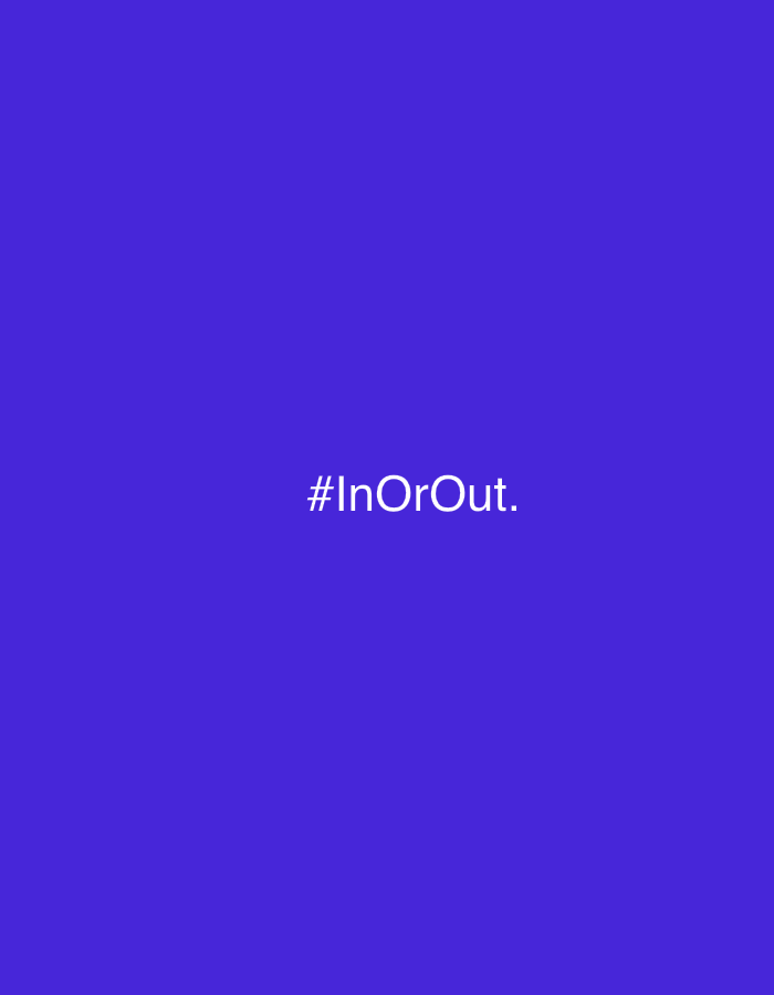 The image is a still from a video. It features a solid, vibrant purple background. In the center of the frame, white text reads "#InOrOut." The text is clear and easy to read against the colorful backdrop. There are no people, objects, or scene details visible, as the focus is solely on the text and its background. The image does not provide any information about the time of day, weather, or specific location beyond the general context of Bila Tserkva, Ukraine. The overall presentation is minimalist and direct, with the text serving as the primary subject.