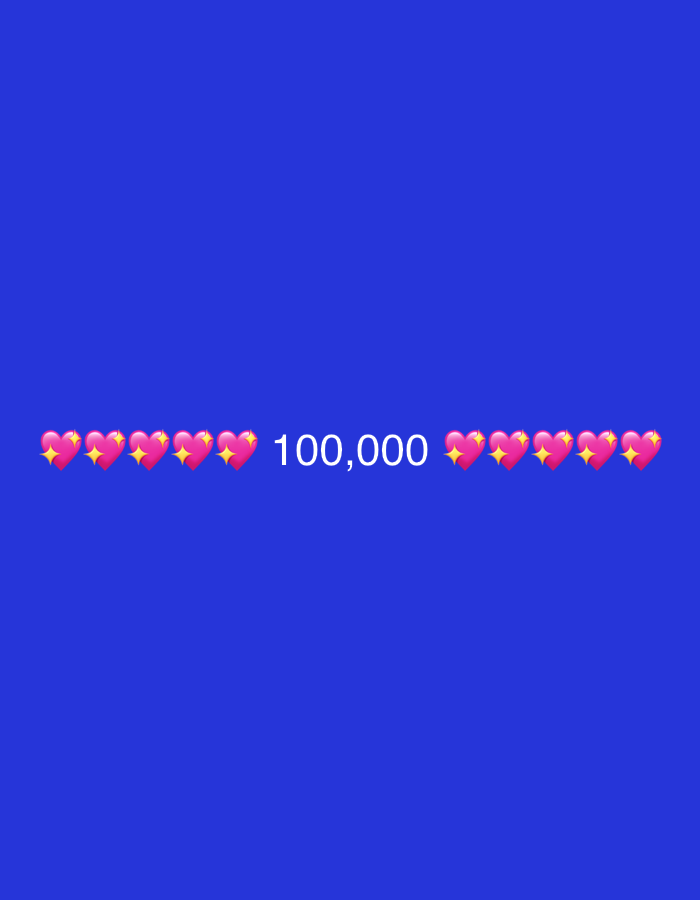 The image is a digital graphic with a solid blue background. In the lower center of the image, the number "100,000" is displayed in white text. To the left and right of the number, a horizontal line of pink heart emojis with yellow star accents is arranged. There are no people, objects, or environmental features present that would allow for the determination of a location in Tbilisi, Georgia.