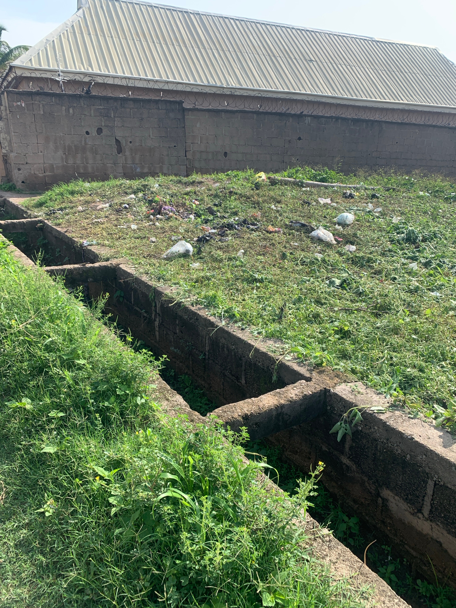 The image captures an outdoor scene with a partially visible building featuring a corrugated metal roof and a brick wall. In front of the building, there's a grassy area littered with debris, including plastic bags and other refuse. A concrete channel, possibly a drainage ditch, runs along the foreground, partially overgrown with lush green vegetation. The sky is visible in the upper portion of the image, appearing clear and bright. No people are present in the frame.