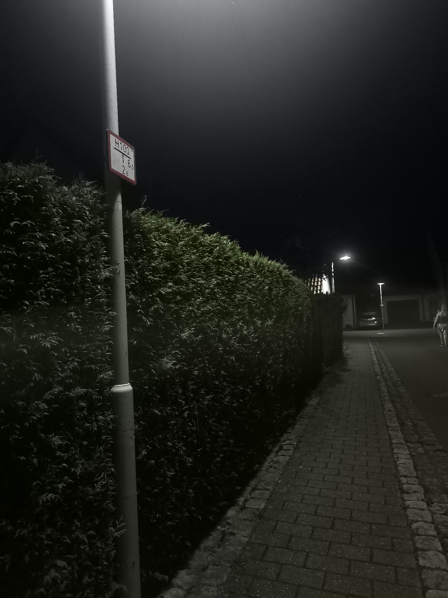 An exterior, nighttime, low-angle, medium shot captures a sidewalk lined with a thick, dark green hedge and a lamppost. The lamppost, situated on the left of the frame, is tall and slender, with a light emitting from the top that illuminates the surrounding area with a hazy glow. Attached to the lamppost, about a quarter of the way up from the bottom of the frame, is a red and white rectangular sign with black lettering that appears to be a bus stop marker. The hedge stretches from the left side of the frame, running along the sidewalk and disappearing into the darkness on the right. The sidewalk is paved with gray bricks with lighter gray stone borders. Further down the sidewalk, two streetlights are visible, one in the middle distance and another further into the background. A car is parked in front of a dark building on the right side of the frame, and a person, possibly female, is walking away from the camera down the sidewalk in the far right of the frame. The scene is dark and slightly foggy, with the lamppost's light creating a diffused atmosphere.