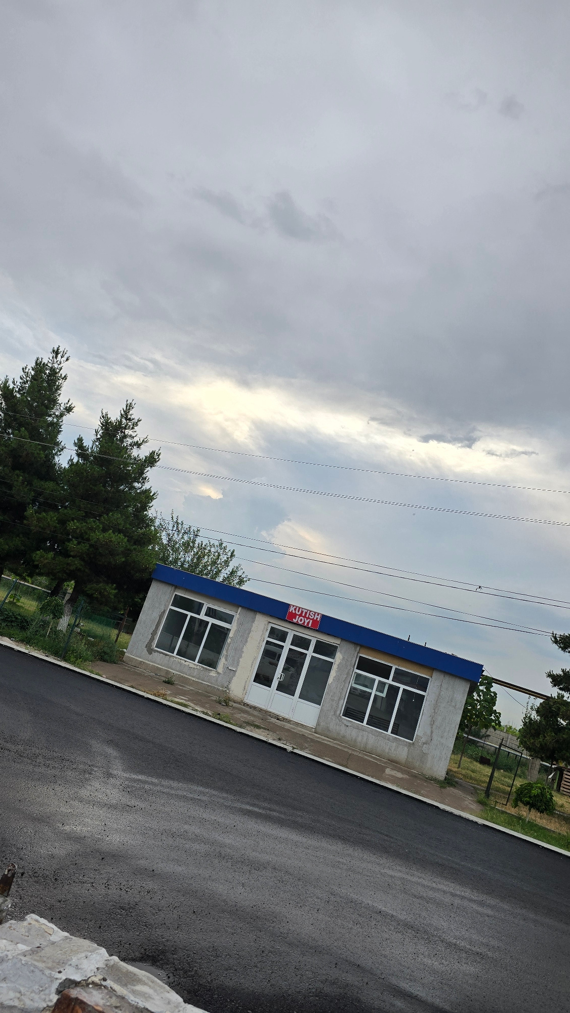 A low-angle, eye-level shot captures a small, light-colored building with a blue roof under a cloudy sky. The building, which appears to be a shop, features large glass windows and a white double door. A red and white sign above the door reads "KUTISH JO’YI". In front of the building, a newly paved black asphalt road runs diagonally across the frame, with a small section of white concrete debris in the bottom left corner. To the left of the building, two tall green evergreen trees stand against a background of other greenery and a wire fence. Utility wires stretch across the upper portion of the image. The scene is likely located in the city of Chirchik, Uzbekistan, given the context provided.