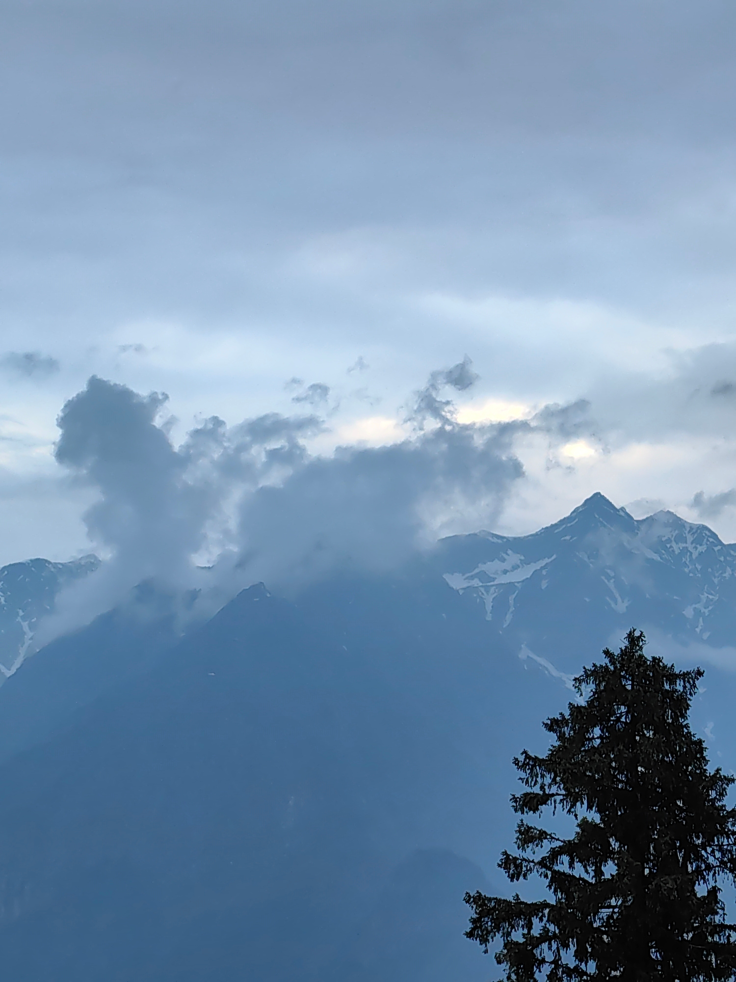 A dramatic mountain landscape is captured under a cloudy sky, with the sun attempting to break through. The jagged peaks of the mountains are dusted with snow, creating a stark contrast against the dark slopes. Wisps of clouds obscure parts of the mountains, adding a sense of mystery and depth to the scene. In the foreground, the silhouette of a tall evergreen tree stands out against the lighter sky, its branches reaching upwards. The overall mood is one of dramatic natural beauty, perhaps at dusk or dawn given the diffused light. There is no text visible in the image.