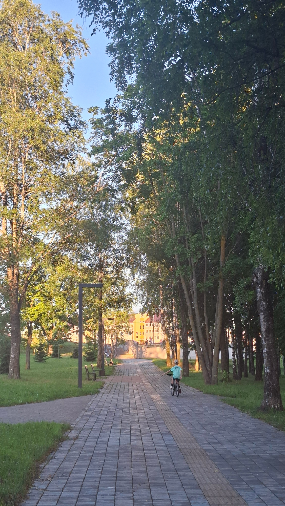 The image shows a paved pathway lined with trees on both sides, leading towards a distant building complex. A young person wearing a light blue shirt and a cap is riding a bicycle on the pathway away from the viewer. The pathway is made of grey rectangular pavers, with a tactile paving strip visible. To the left of the pathway, there is a grassy area with scattered trees and a park bench. On the right, a dense line of trees creates a shaded area. In the background, several yellow buildings with windows are visible, suggesting an urban or semi-urban setting. The sky is clear and blue, indicating daylight. The lighting suggests it is late afternoon or early morning, with the sun casting long shadows. The overall impression is of a serene park or pedestrian area in the city of Smalyavichy, Belarus.