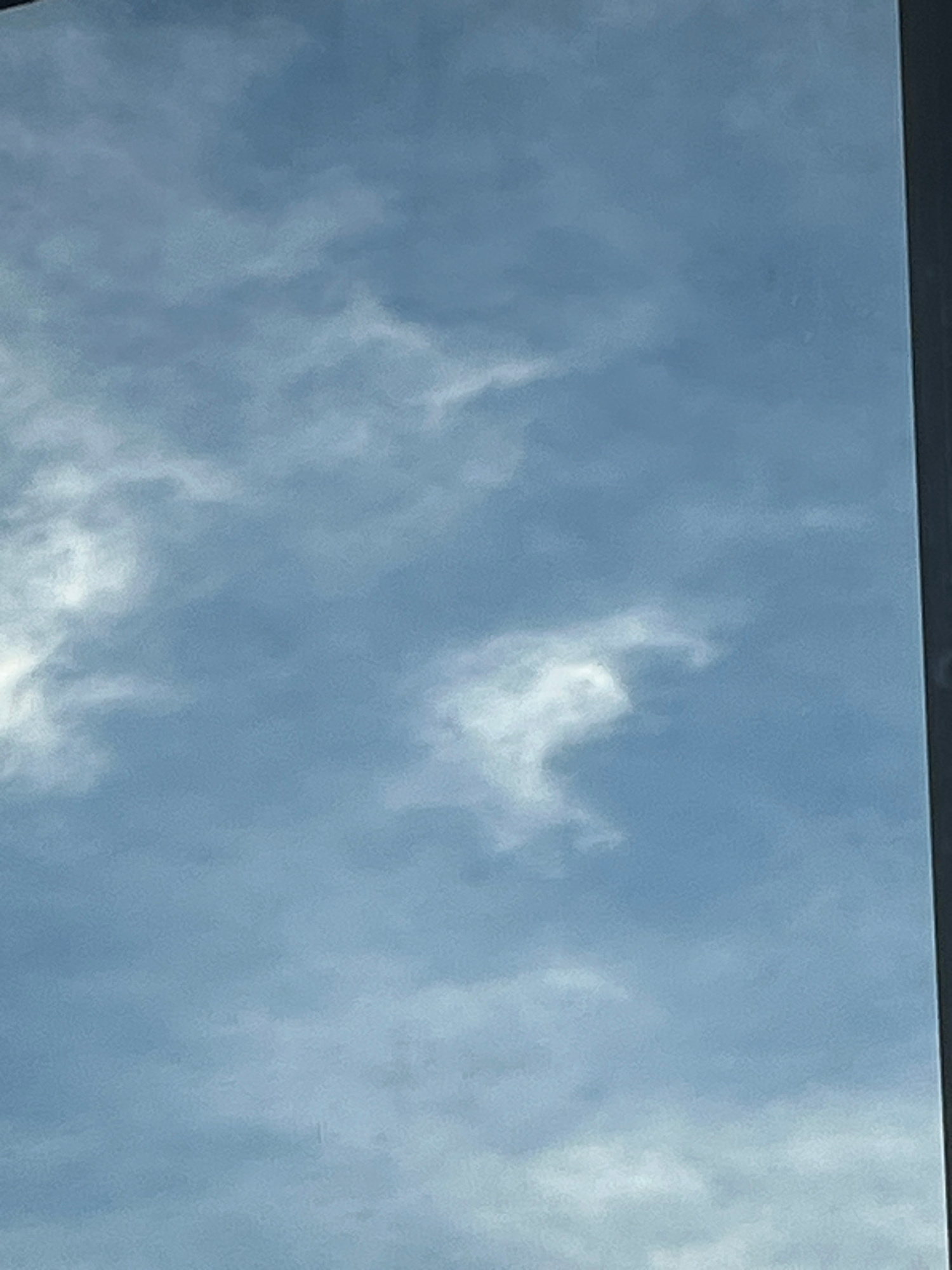 A vertical, full-frame, eye-level, medium shot captures a cloudy sky with faint, wispy clouds and a distinct cloud formation that resembles a horse. The sky is a pale blue, and the clouds are white and diffused. The scene is likely outdoors, given the presence of clouds. No specific landmarks or people are visible to determine the location within Naberezhnye Chelny, Russia.