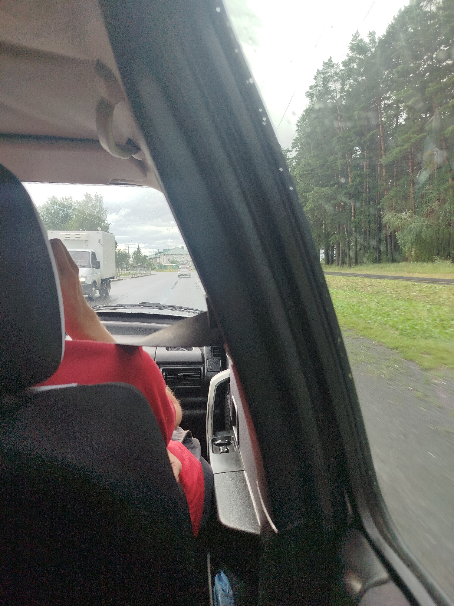 The media file captures an interior view of a vehicle, likely in motion, looking forward through the windshield and to the right. The primary subjects are the vehicle's interior and the external scenery. Visible inside the car are parts of car seats, a dashboard with air vents, and a seatbelt. A person is partially visible in the foreground, wearing a red shirt and with their legs extended, appearing relaxed or possibly resting them on the dashboard.
The external scene depicts a road with light traffic, including a white truck and a white car in the distance. The road appears wet, suggesting recent rain or damp conditions. To the right of the road is a grassy area and a dense line of tall pine trees. The sky is overcast, indicating a cloudy day, possibly with light rain or mist as evidenced by water droplets on the exterior of the window. The overall atmosphere seems calm and perhaps leisurely, given the relaxed posture of the person in the car.
The location context suggests Zavodoukovsk, Russia. There is no visible text in the media file. The time of day is likely daytime, given the ambient light, but the overcast conditions make it difficult to determine precisely.