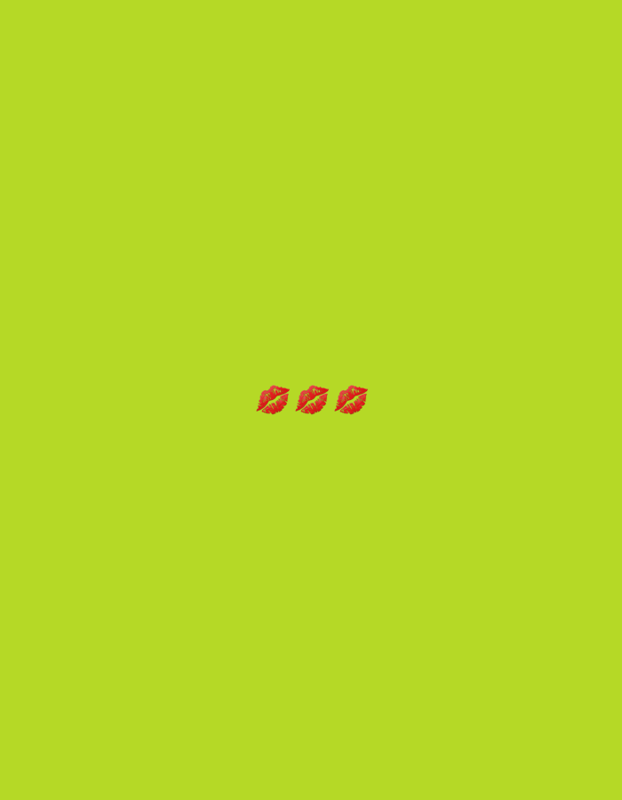 This is a digital graphic featuring a vibrant lime green background. Centered horizontally and positioned slightly above the vertical center of the image are three red kissing lips emojis. The emojis are detailed, with shading and highlights that give them a somewhat realistic, glossy appearance. They are spaced evenly apart in a horizontal row. There is no discernible text, scene, setting, time of day, or weather. The overall impression is minimalist and playful, with the bright green and red creating a bold contrast. The graphic does not depict any people or specific objects beyond the emojis themselves. The activity or event implied is the act of kissing or sending a kiss. No location context is visually provided within the image itself.