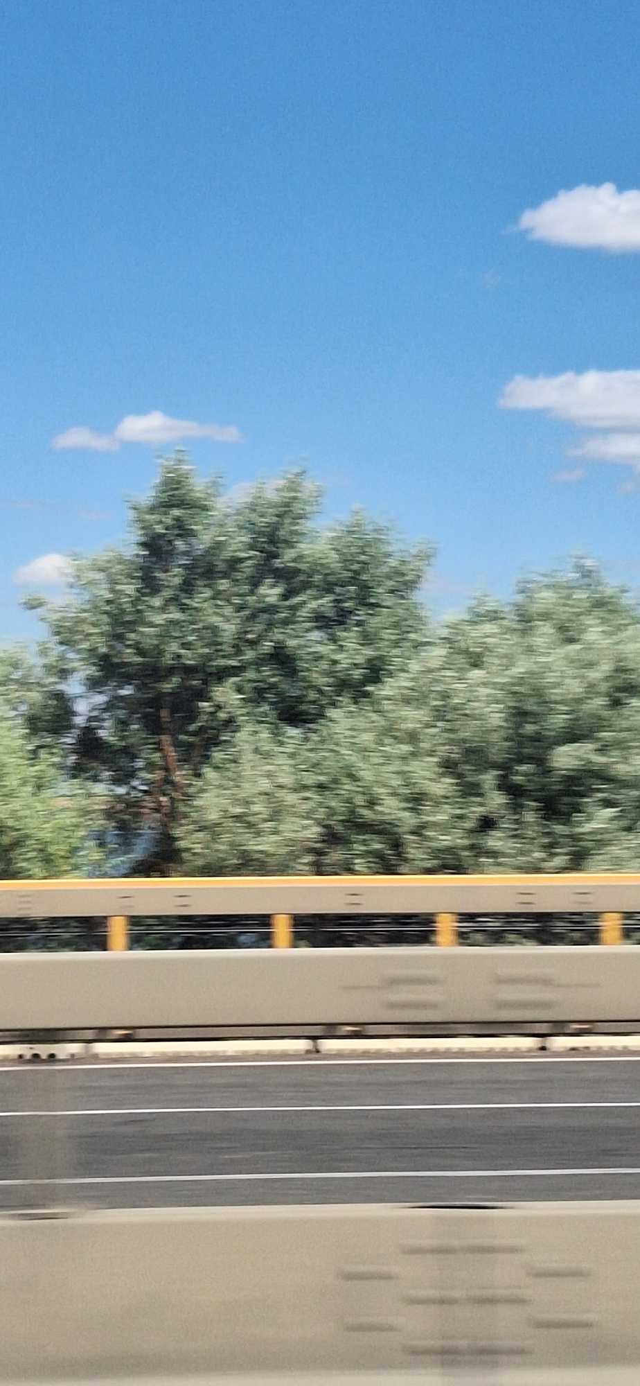 This is a vertically oriented photograph with a motion blur effect, suggesting it was taken from a moving vehicle. The primary subjects are a blue sky with scattered white clouds and a dense green tree with a textured canopy. To the right of the tree is a modern-looking barrier or wall with vertical elements and some horizontal yellow accents, possibly a guardrail or architectural feature. Beyond this barrier, a multi-lane road is visible, characterized by gray asphalt and white lane markings. The lighting suggests it is daytime, and the clear sky indicates fair weather. The overall scene is one of a roadside landscape viewed from a fast-moving perspective, with no text or discernible human figures present.