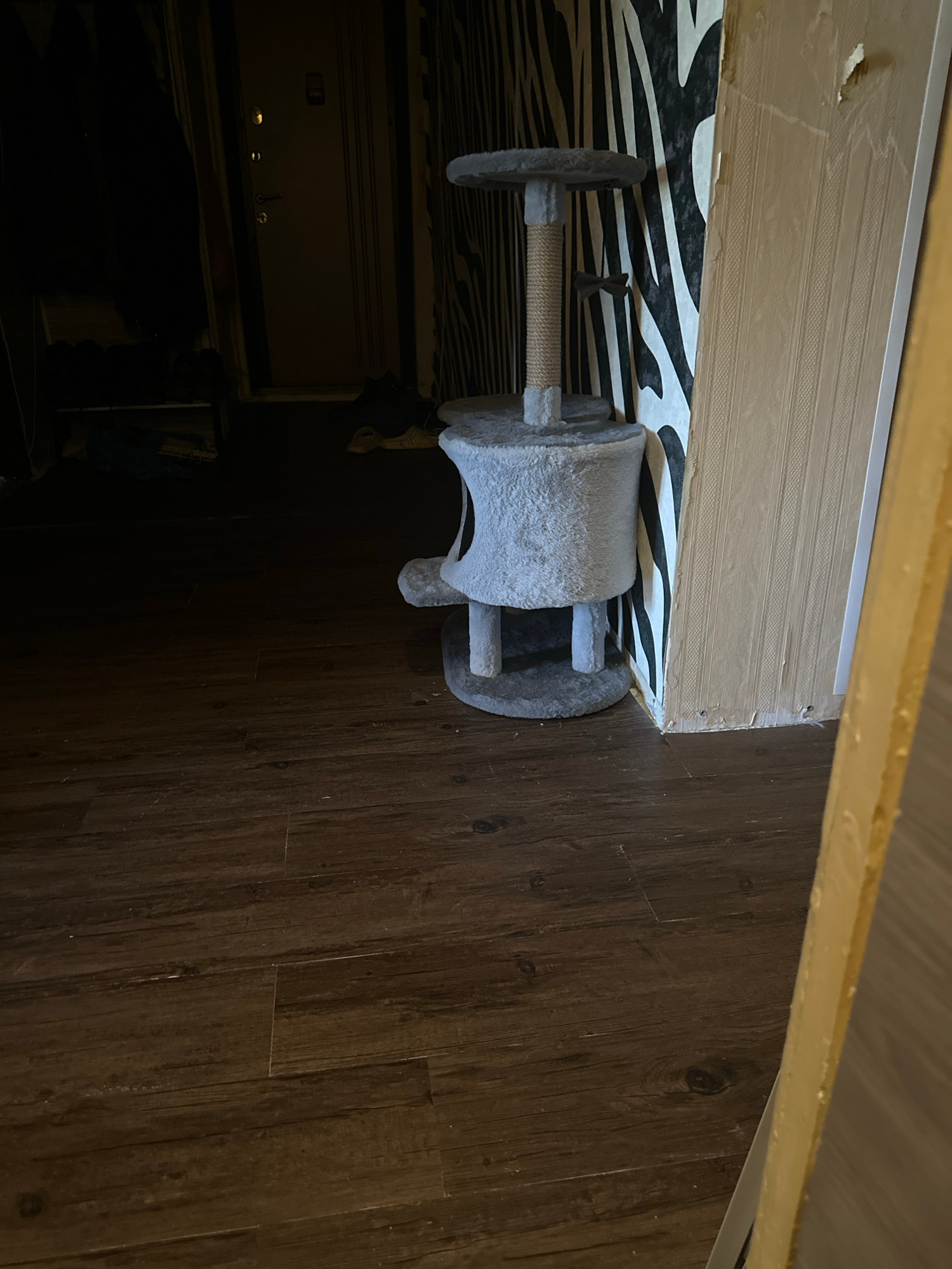 The image shows an interior scene with a cat tree in the foreground. The cat tree is made of grey plush material and has a scratching post wrapped in rope. Behind the cat tree, there is a wall with a zebra-print wallpaper. To the right, a section of wall is covered with light-colored, textured wallpaper that appears to be peeling away. The floor is covered in dark wood-look laminate flooring. The lighting is dim, creating shadows in the background, where a doorway and a dark curtain are visible. There are no people or animals present in the image. The scene appears to be a residential interior.