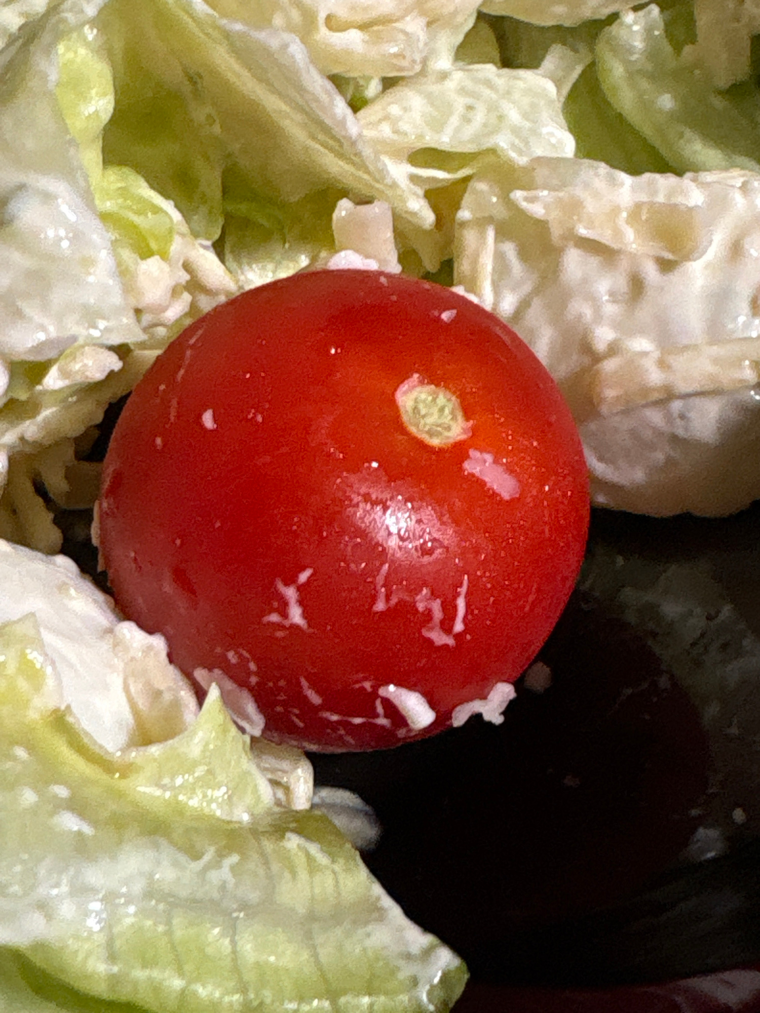 A close-up, overhead shot shows a single, ripe cherry tomato centered within a salad. The tomato is a vibrant red and glistens with droplets of dressing. It rests amongst chopped lettuce leaves, which are coated in a creamy white dressing. The salad is served in a dark bowl, the edge of which is visible in the lower right quadrant of the image. The background is out of focus, with the focus sharply on the tomato and the immediate surrounding salad elements. The scene appears to be indoors, likely in a kitchen or dining area. There are no people or identifiable landmarks visible that would suggest a specific location in Mahilyow, Belarus.