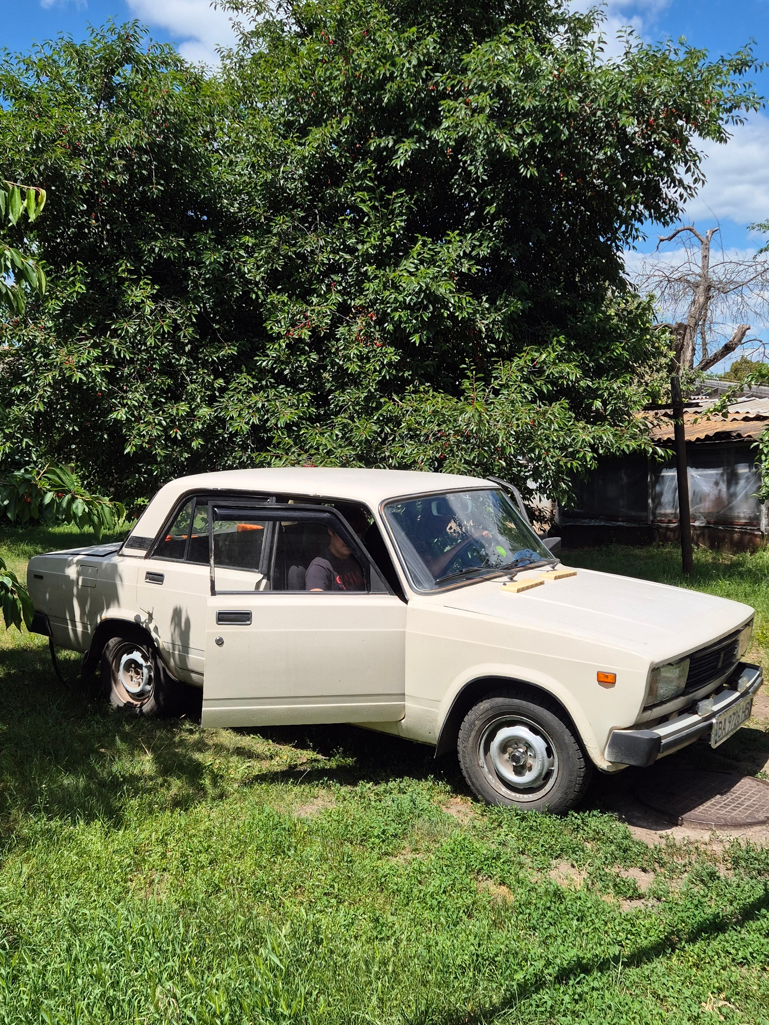 The image captures a light-colored car, possibly a Lada model, parked on a grassy area next to a cluster of trees. The car is positioned on its side, with the driver's side door open, revealing a glimpse of the interior. Two pieces of wood are placed on the hood of the car. In the background, a rustic wooden structure, perhaps a shed or outbuilding, is visible. A man appears to be inside the car.
The scene is set outdoors in what appears to be a rural or semi-rural location, given the presence of trees, grass, and a simple building. The time of day is likely daytime, indicated by the bright sunlight casting shadows. The weather seems to be pleasant, with a blue sky and scattered clouds visible above the trees. The overall impression is one of a quiet, possibly disused, outdoor space. A license plate on the front of the car has visible text, reading "BR 278265". The location is identified as Sozonivka, Ukraine.