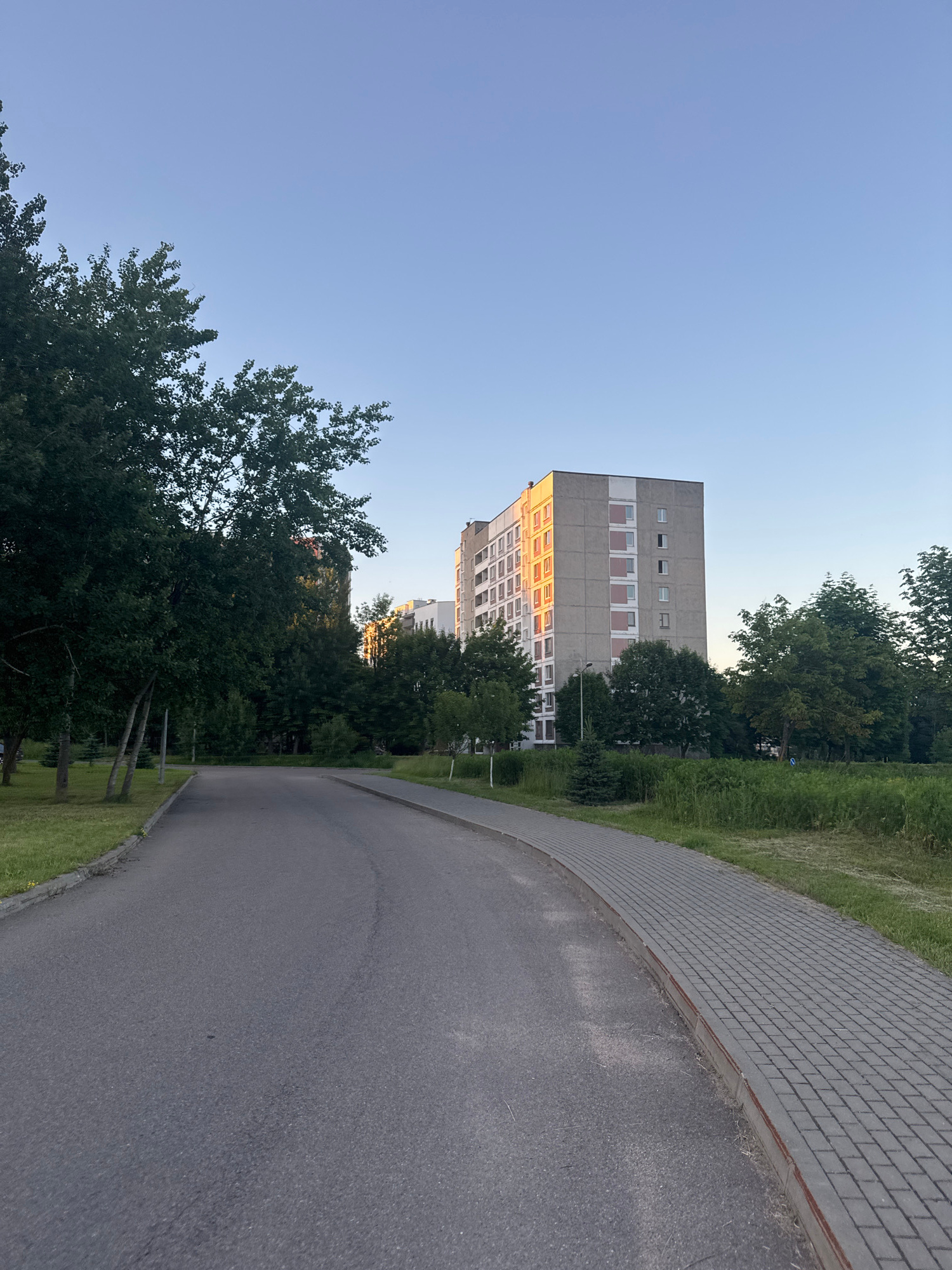 The image depicts a paved pathway curving to the left, bordered by a manicured lawn on the left and a gray brick sidewalk with a red border on the right. The pathway is flanked by mature trees with dark green foliage on the left, and a mix of trees and dense green vegetation on the right. In the background, a tall, multi-story apartment building stands, its facade illuminated by the warm glow of the setting sun. The building features a light gray concrete exterior with alternating rows of pink and white window frames. The sky above is a clear, pale blue, indicating a late afternoon or early evening setting. The scene appears to be in a residential area of Minsk, Belarus, characterized by its Soviet-era architecture and green spaces. No people are visible in the image.