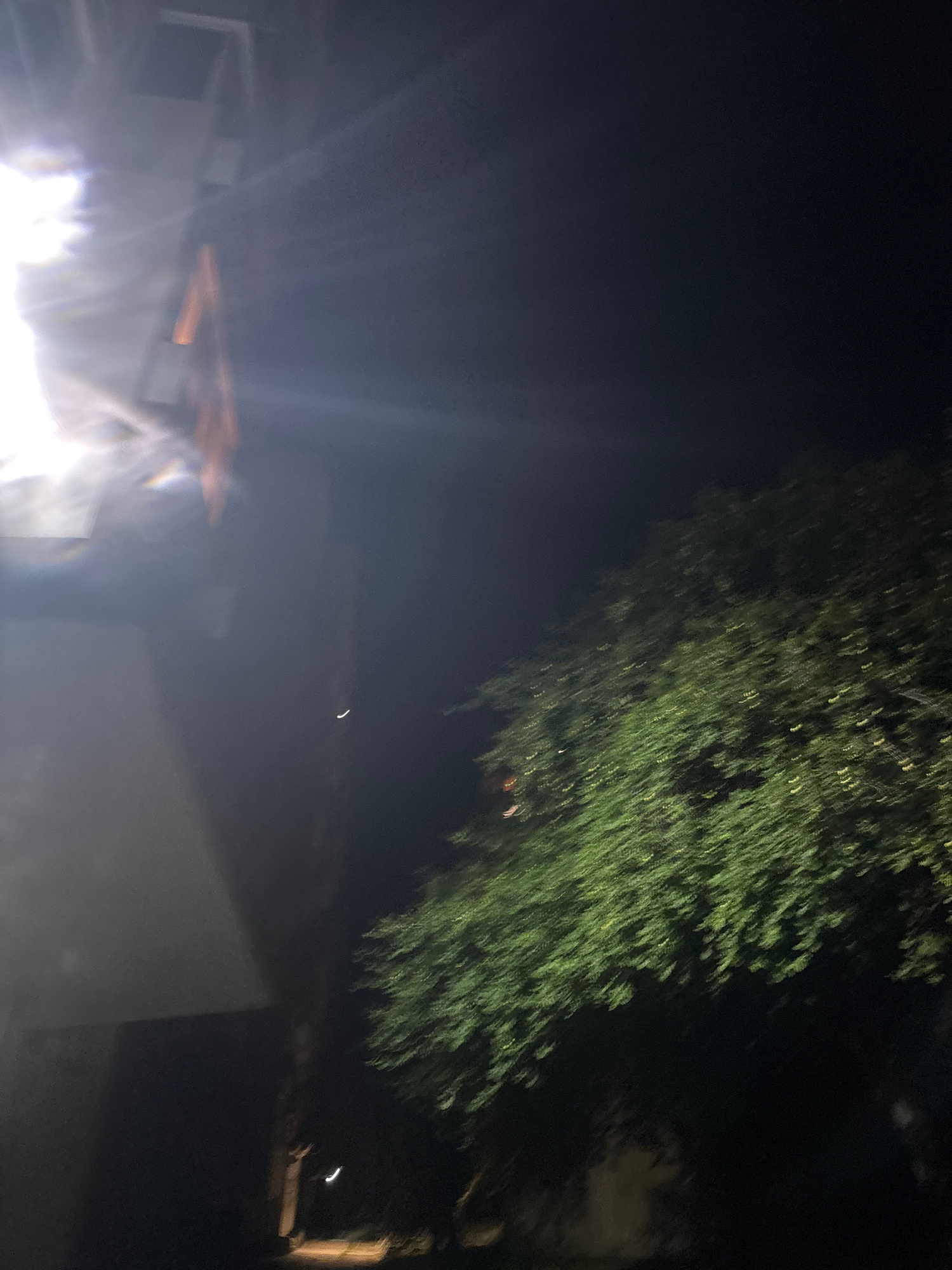 The image captures a night scene with a bright light source on the left, illuminating a structure and a tree. The bright light creates lens flares and reflections, obscuring details of the structure. A crescent moon is visible in the dark sky. The tree, on the right side of the image, appears to be in motion blur, suggesting movement or a long exposure. The ground is dark and indistinct. The scene appears to be outdoors, possibly in a residential area or a park, given the presence of a tree and what looks like a building. The overall impression is one of a dimly lit, atmospheric night shot.