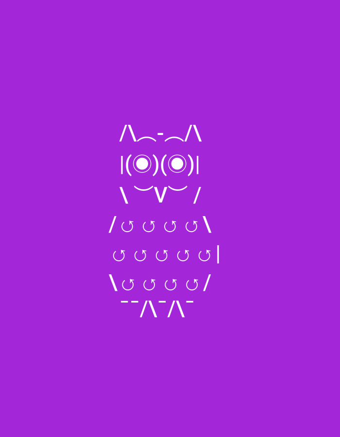 This is a digital image on a solid purple background. The image displays ASCII art of an owl. The owl is white and centered on the background. The owl's head is formed by `/\_/\` and its eyes are represented by `((o)(o))`. The body of the owl is composed of repeating curved lines and slashes, resembling feathers or wings, arranged in rows. The bottom of the owl has a beak represented by `--^-^-`. The image is a single, isolated digital creation with no discernible connection to the city of Balakovo, Russia, or any real-world environment.