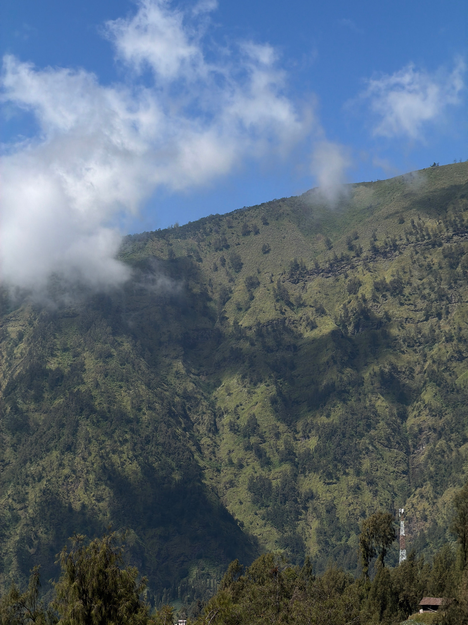 A wide, upward-facing shot captures a lush, green mountainside in Jetak, Indonesia, under a partially clouded blue sky. Wisps of white clouds drift across the upper portion of the frame, partially obscuring the very peak of the mountain. The mountain itself is densely covered in vegetation, appearing as a textured expanse of green with darker patches indicating trees and shadows. A prominent ridge runs horizontally across the mid-section of the mountain, creating a distinct stratification. Scattered trees dot the slopes, and deep shadows carve out contours and valleys on the mountainside. In the lower right quadrant of the image, a tall, white and orange cell tower stands out against the natural backdrop, partially surrounded by trees. Below the tower, a small, brown-roofed building is visible amongst the trees. The foreground is dominated by the tops of dark green trees, suggesting the viewpoint is from a lower elevation looking up at the mountain.