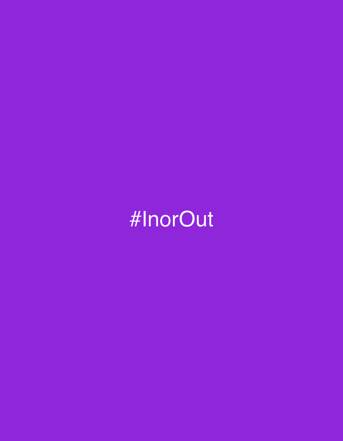 The image is a solid purple background with the hashtag "#InorOut" written in white text in the center. The text is in a sans-serif font and is capitalized. There is no discernible location in Igbara, Nigeria, as the image is a graphic design element and not a photograph of a specific place. There are no people, subjects, objects, actions, or interactions depicted in the image. The environment is solely the purple background.