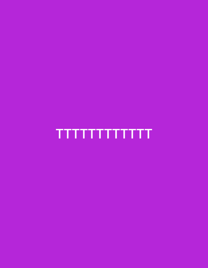 The image is a digital graphic featuring a solid purple background. Centered horizontally on the background, and positioned in the lower half of the image, is a row of white capital letters "T". There are thirteen "T"s in total, evenly spaced, forming the word "TTTTTTTTTTTTT". No other subjects, activities, or environmental details are present. The image is a simple textual graphic against a monochromatic background.