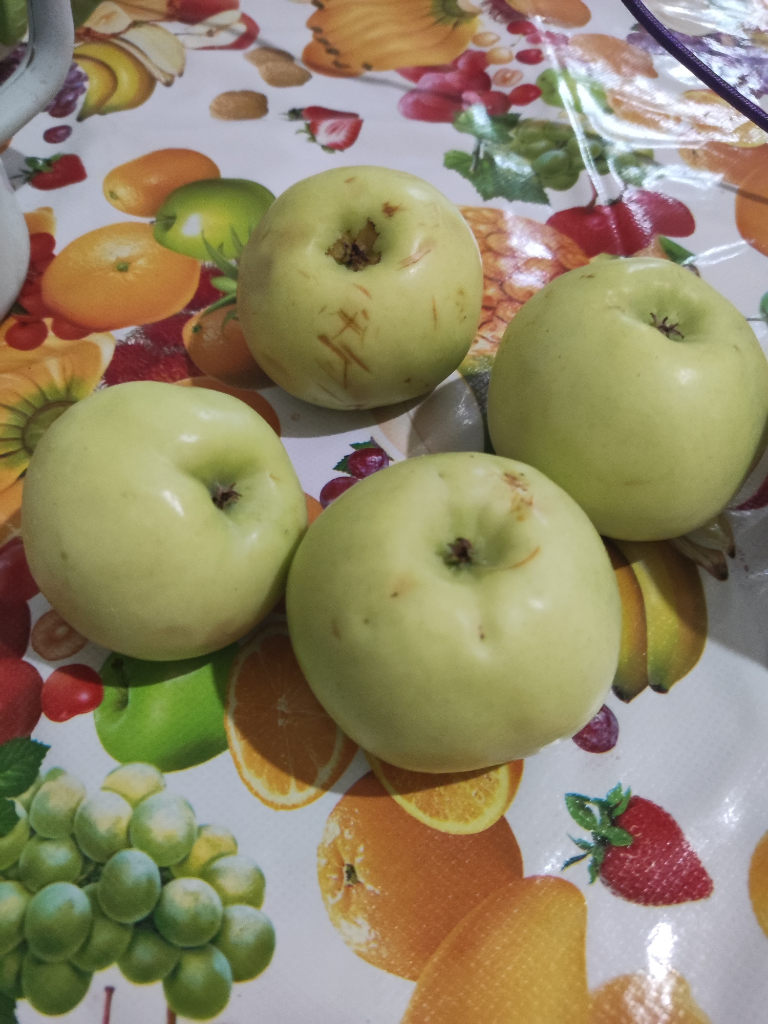 The image shows four pale green apples arranged on a patterned surface, likely a tablecloth or placemat, featuring illustrations of various fruits such as oranges, strawberries, grapes, and bananas. The lighting appears to be artificial, casting a slight yellowish hue over the scene. No people are visible in the image. The surface beneath the apples is a white background with colorful, stylized fruit designs. The apples are of similar size and color, with some showing minor imperfections or variations in their skin. One apple in the upper right quadrant has reddish-brown marks on its surface. The composition is a close-up shot, focusing on the apples. There is no information that can be used to determine the location in Shymkent, Kazakhstan.