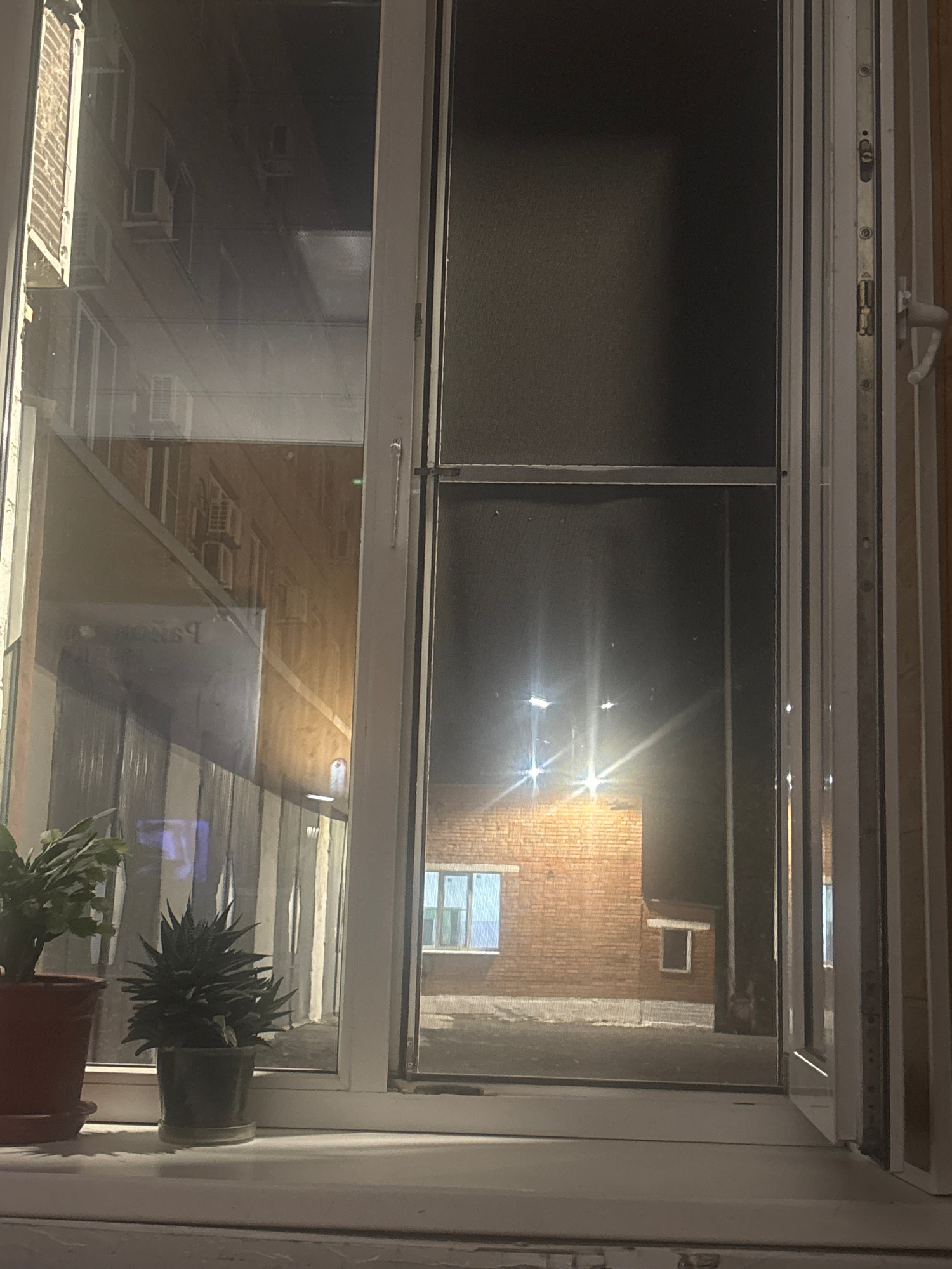 The image is a nighttime view through a window with a screen. On the windowsill, there are two potted plants, one in a brown pot and another in a dark pot with a spiky succulent. The window reflects a building with multiple air conditioning units visible. In the reflection, there are also vertical elements that appear to be part of an outdoor walkway or structure. The main view through the window shows a brick building at night, illuminated by overhead lights. The brick building has at least two windows, one with a pale blue tint and another smaller, darker window. The ground in front of the brick building is paved and there is a visible streetlight casting bright rays. The overall scene suggests an urban environment, possibly an apartment building or commercial property at night. The location is identified as Rostov-on-Don, Russia, suggesting the architectural style and lighting might be characteristic of that region.