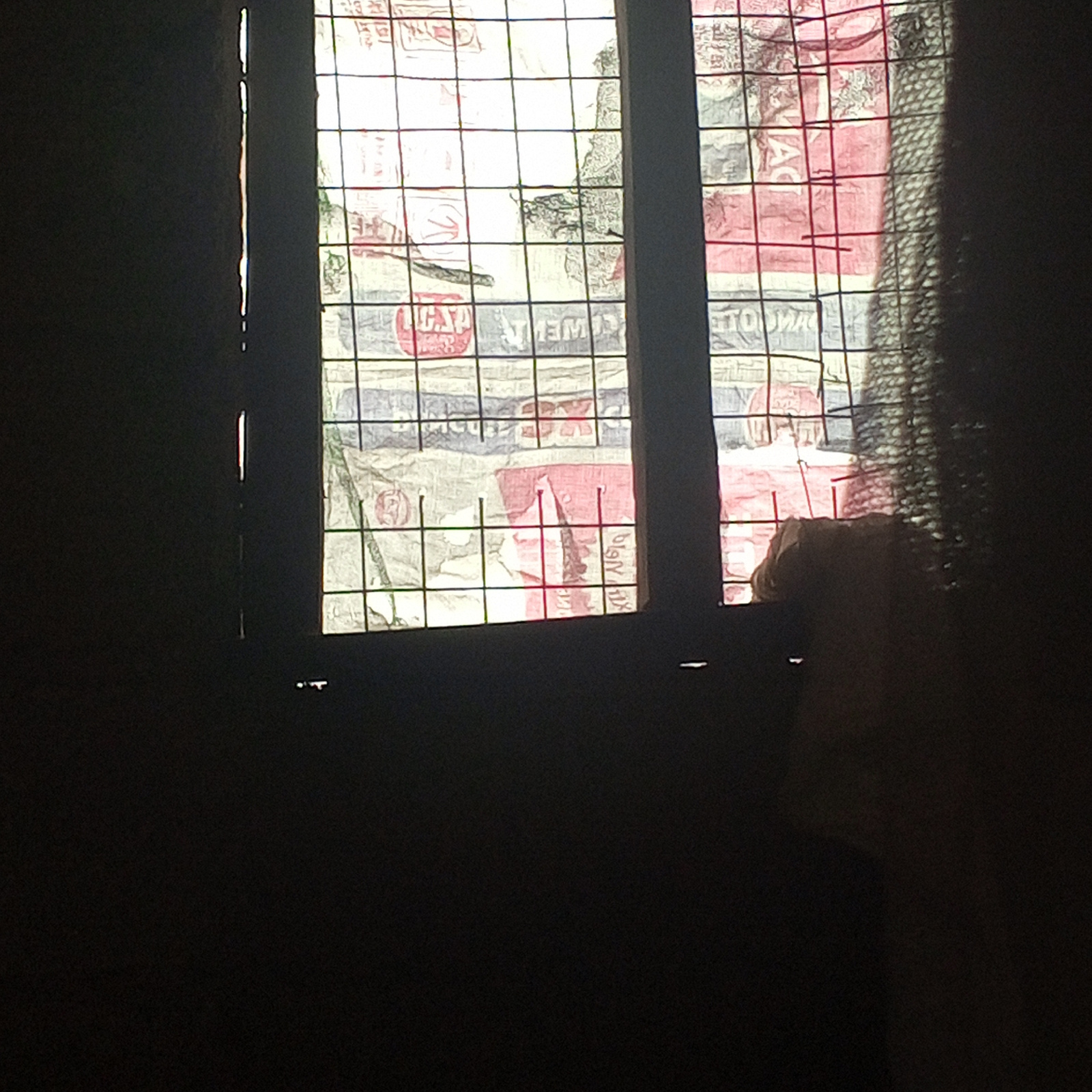 The image shows a window with a grid pattern, possibly a casement window. The glass panes are covered with posters or advertisements. The posters have text in what appears to be a script like Hindi or a related language, with prominent red and white colors. Some of the text is obscured or difficult to read due to the image quality and the grid. There is a shadow cast on the right side of the window, suggesting light is coming from the left. The window is set within a dark, dimly lit room or interior space. The context of Zinna, Nigeria, provided in the prompt does not appear to be directly verifiable from the visual information within the image itself, as there are no clear geographical markers or identifiable landmarks.