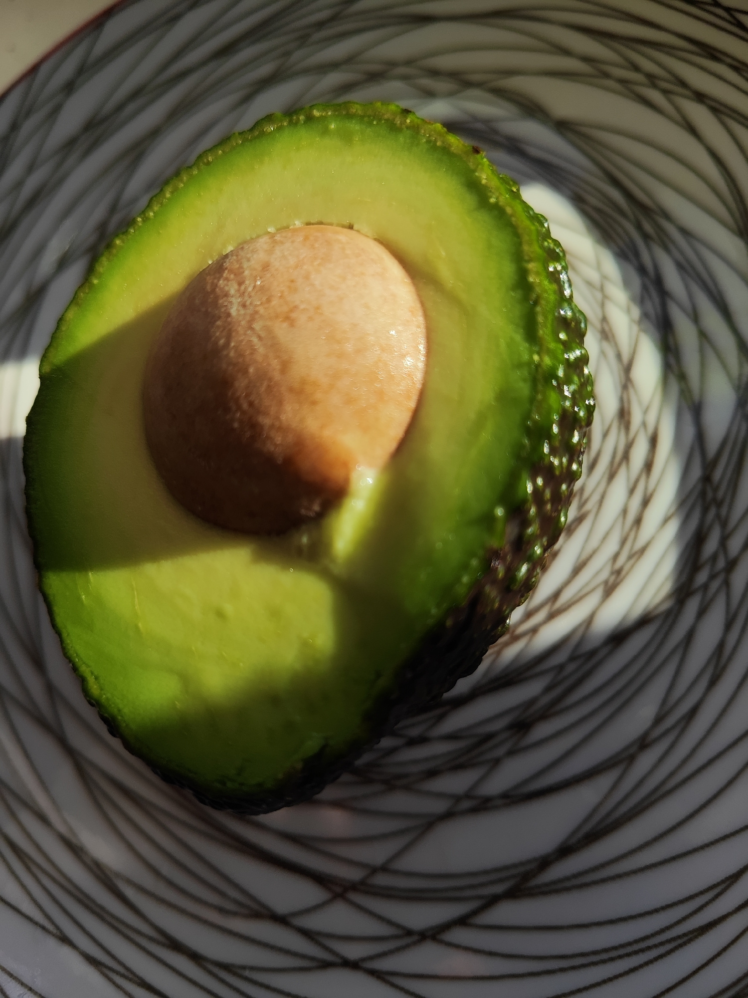 A close-up, overhead shot shows a halved avocado with its large seed exposed, resting on a decorative plate with a swirling pattern of thin, dark lines on a white background. The avocado is bright green with a slightly textured skin and smooth, vibrant green flesh. Sunlight casts a dramatic shadow across the avocado and onto the plate, highlighting the fruit's textures and contours. The image is sharp and well-lit, emphasizing the freshness of the avocado. The location of Korosten, Ukraine is not discernible from the image.