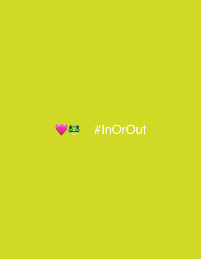 The image is a digital graphic with a bright yellow background. In the center of the frame, there are three elements arranged horizontally: a pink heart emoji, a frog emoji, and white text that reads "#InOrOut". The overall composition is simple and minimalist. There is no indication of the city of Tbilisi, Georgia, or any real-world location.