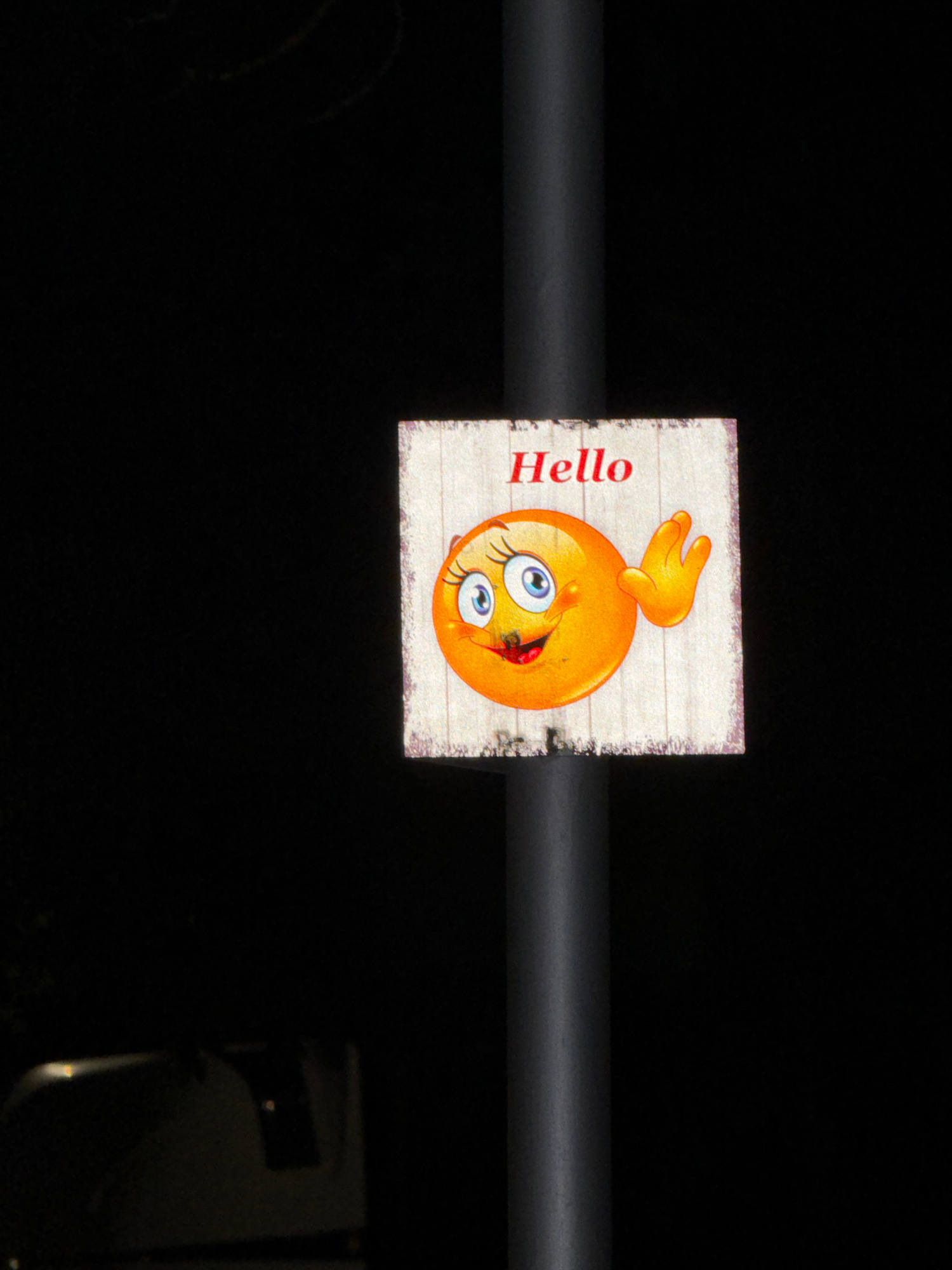 The image shows a square sign attached to a pole, featuring a cartoonish orange emoji with blue eyes and a waving hand. The word "Hello" is written in red capital letters above the emoji. The sign has a distressed wood texture. The pole is gray and cylindrical. The background is dark, suggesting it is nighttime, with some faint light reflecting from an unseen source. In the bottom left corner of the image, a dark object, possibly part of a street fixture or vehicle, is visible. The location is identified as Pravets, Bulgaria.