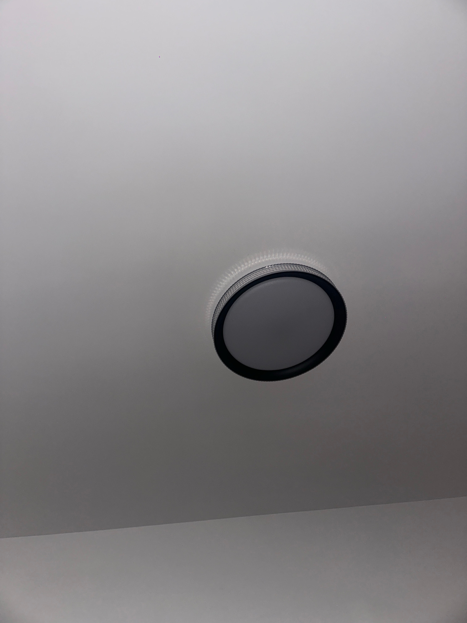 A flush-mount ceiling light fixture is visible on a white ceiling. The fixture is circular with a black rim and a white diffuser. The light is off. The image appears to be taken from a low angle, looking up at the ceiling.