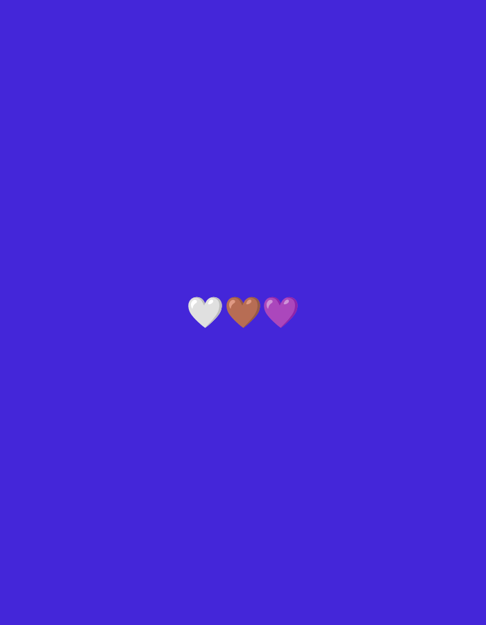 Three heart-shaped icons are displayed horizontally on a solid royal blue background. From left to right, the icons are white, brown, and purple. The image is a digital graphic and does not depict a scene in Kuta Selatan, Indonesia.