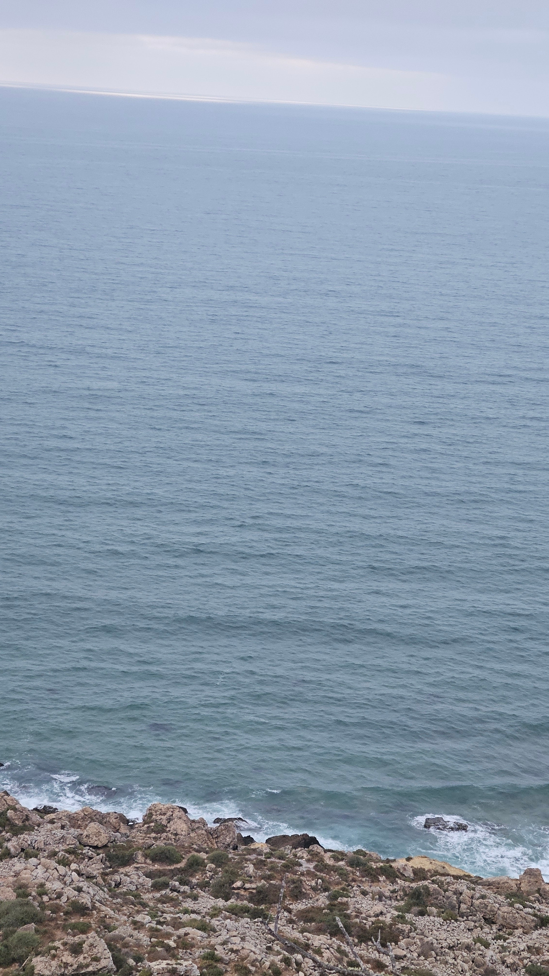 A high-angle, vertical shot captures a serene ocean view under an overcast sky. The foreground is dominated by a rocky coastline dotted with sparse, dry vegetation. The sea, a muted blue-gray, stretches to the horizon, where it meets the pale, cloud-filled sky. The water exhibits gentle ripples and a faint sheen from diffused light. Waves are breaking along the rocky shore, creating white foam. The scene appears to be a natural, undeveloped coastal area.