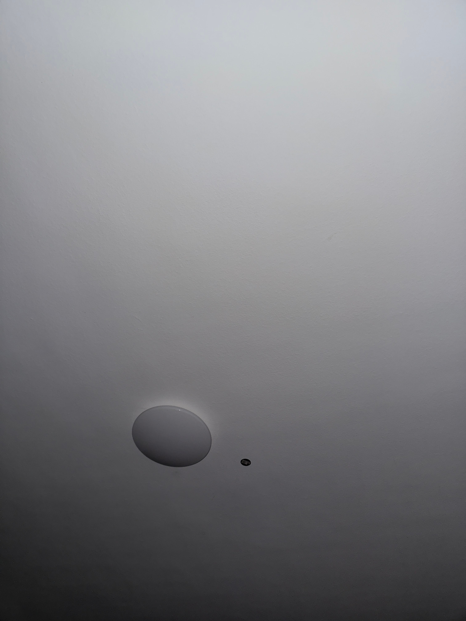 A close-up, low-angle shot captures a plain, light gray ceiling with subtle texture. Towards the bottom center of the frame, two objects are visible. The larger object, on the left, is an oval-shaped, white light fixture. To its right and slightly higher, a smaller, dark circular object is present. The lighting creates a gradient on the ceiling, darkening towards the bottom. There are no people or identifiable landmarks present in the scene.