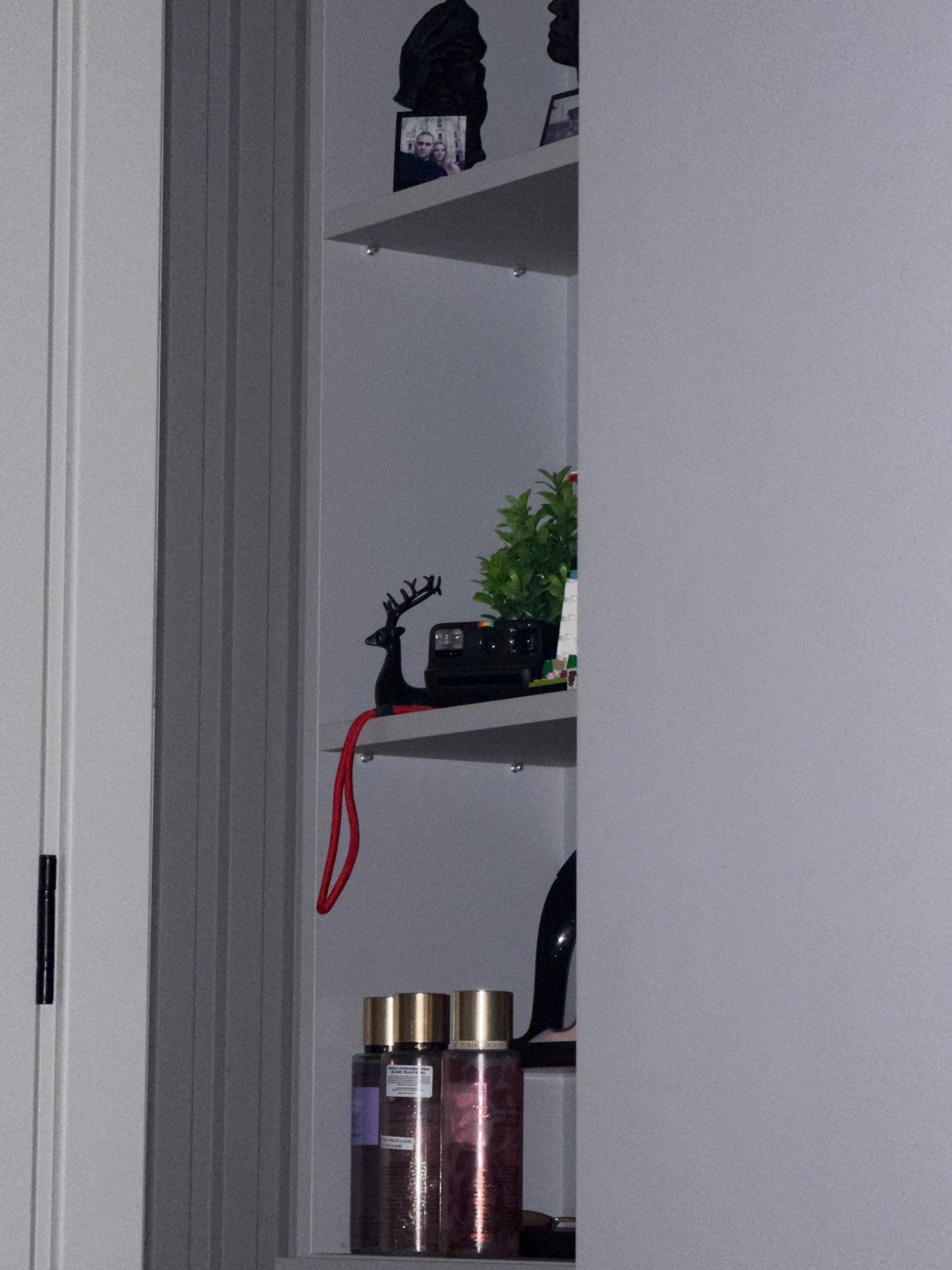 The image depicts a shelf unit with various objects. On the top shelf, there are two black busts and a small framed photograph of a couple. The middle shelf holds a black plastic deer figurine with red cord, a black instant camera, a small potted plant with green leaves, and some colorful small objects that may be Lego bricks. On the shelf below, a black stiletto heel is visible. The bottom shelf displays three bottles of body spray with gold caps, two of which are partially obscured. The shelf unit is positioned next to a gray door with vertical grooves. The scene is indoors and appears to be a domestic setting. There is no indication of the location being Ruse, Bulgaria.