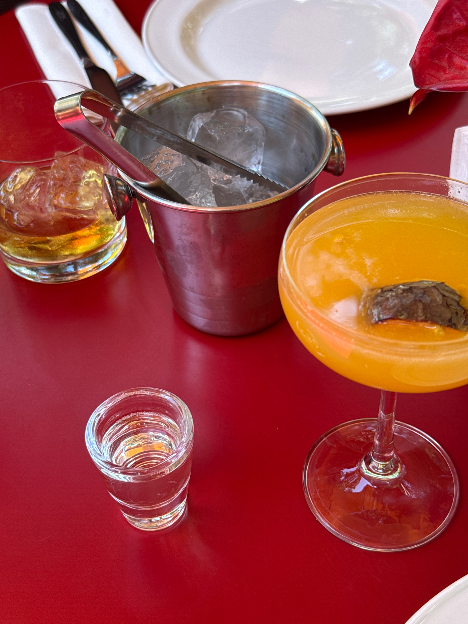 The image shows a table setting on a red surface, likely a restaurant table in Yerevan, Armenia. The primary subjects are various drinks and serving items.
In the center of the frame, a martini glass filled with a vibrant orange liquid, possibly a cocktail, is prominently displayed. A dark, possibly dried garnish is floating in the drink. To the left of the martini glass, a silver ice bucket containing ice and tongs is positioned. Below the ice bucket, a small glass filled with an amber liquid, likely a spirit like whiskey or brandy, sits on the table. Further to the right, a small, clear shot glass is placed on the red surface.
Also visible in the image are white plates and napkins, suggesting a meal is either in progress or about to begin. A bright red, leaf-like object, possibly a decorative element or part of a dish, is seen in the upper left corner.
The lighting suggests it might be daytime, but the exact time of day is not definitively ascertainable. The overall impression is one of a pleasant dining experience, perhaps a leisurely lunch or early evening drinks. There is no visible text in the image.