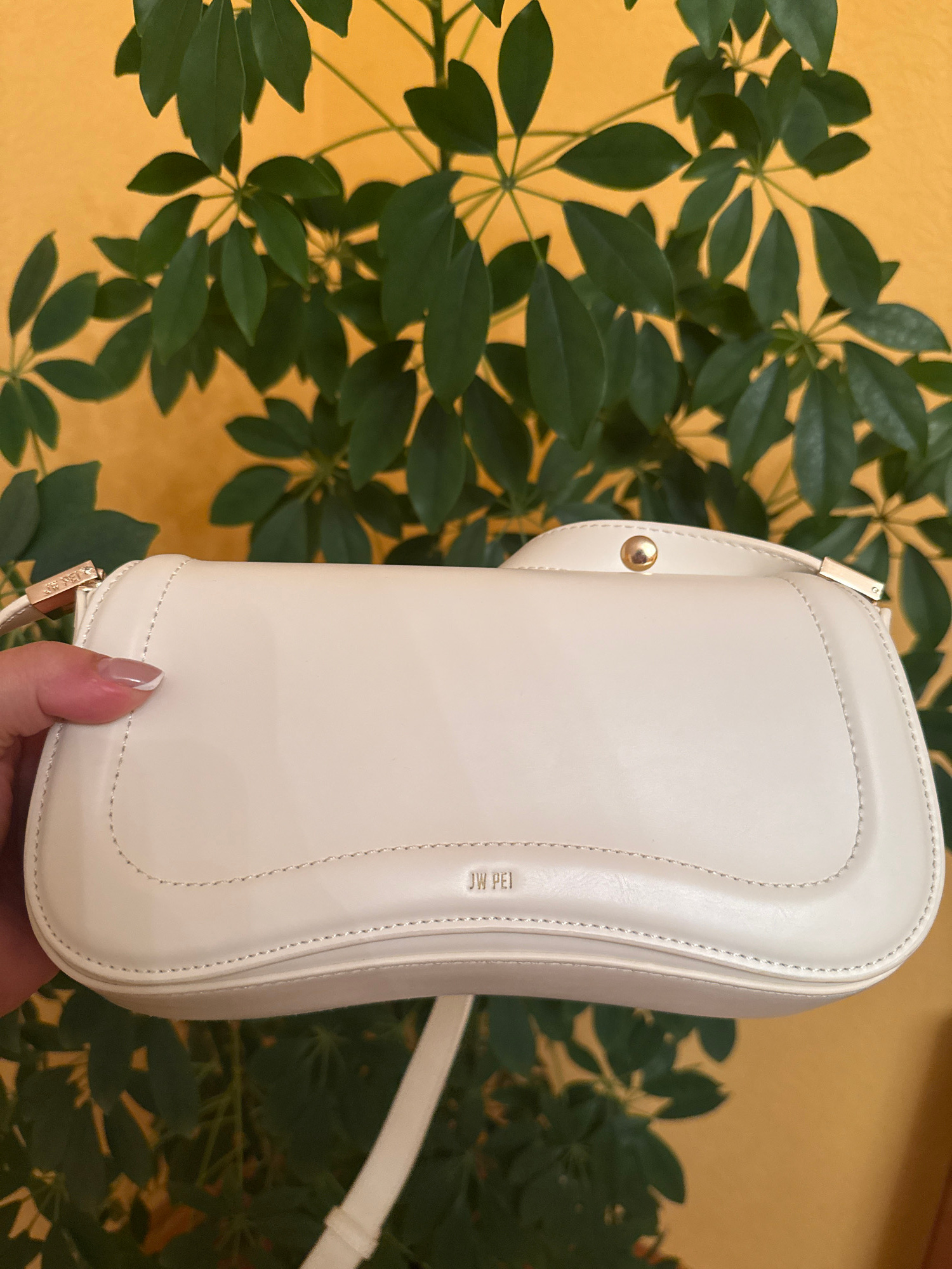 The image displays a white, rectangular-shaped handbag held by a person's hand against a yellow, textured background. The handbag has a smooth, patent leather-like finish with visible stitching along its edges. A small, gold-colored embellishment is attached to the strap at the top of the bag. The brand name "JW PEI" is subtly embossed in gold lettering on the front of the handbag.
The background is dominated by lush green foliage, appearing to be from a potted plant, with its leaves casting shadows on the yellow surface. The lighting suggests an indoor setting, possibly during the daytime. The image has a shallow depth of field, with the handbag in sharp focus and the foliage slightly blurred. The hand holding the bag is also in focus, revealing manicured nails with a French manicure.
The scene appears to be a still life arrangement, showcasing the handbag. There are no explicit indications of a specific event or activity beyond the presentation of the accessory. The overall mood is clean and minimalist. There is no visible information regarding the time of day, weather, or specific location beyond the provided context of Hraniv, Ukraine.