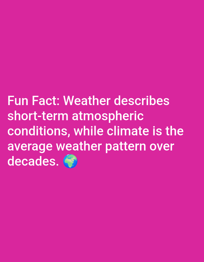 The image is a text-based graphic on a solid pink background. The text, in white, reads: "Fun Fact: Weather describes short-term atmospheric conditions, while climate is the average weather pattern over decades." Below the word "decades," there is a small emoji of the Earth. There are no people, objects, actions, interactions, or environmental details specific to Lagos, Nigeria.