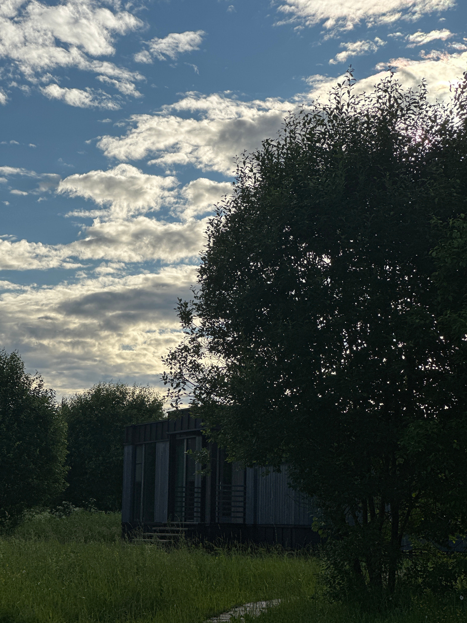 The image depicts a modern, dark-colored, rectangular structure with large windows, partially obscured by lush green trees and tall grass. The structure appears to be a dwelling or a small building. The sky above is a vibrant blue, dotted with scattered white and gray clouds, suggesting a partially overcast day. The overall setting is rural or semi-rural, with abundant vegetation. The location is identified as Znamenka, Russia. There are no people visible in the image.