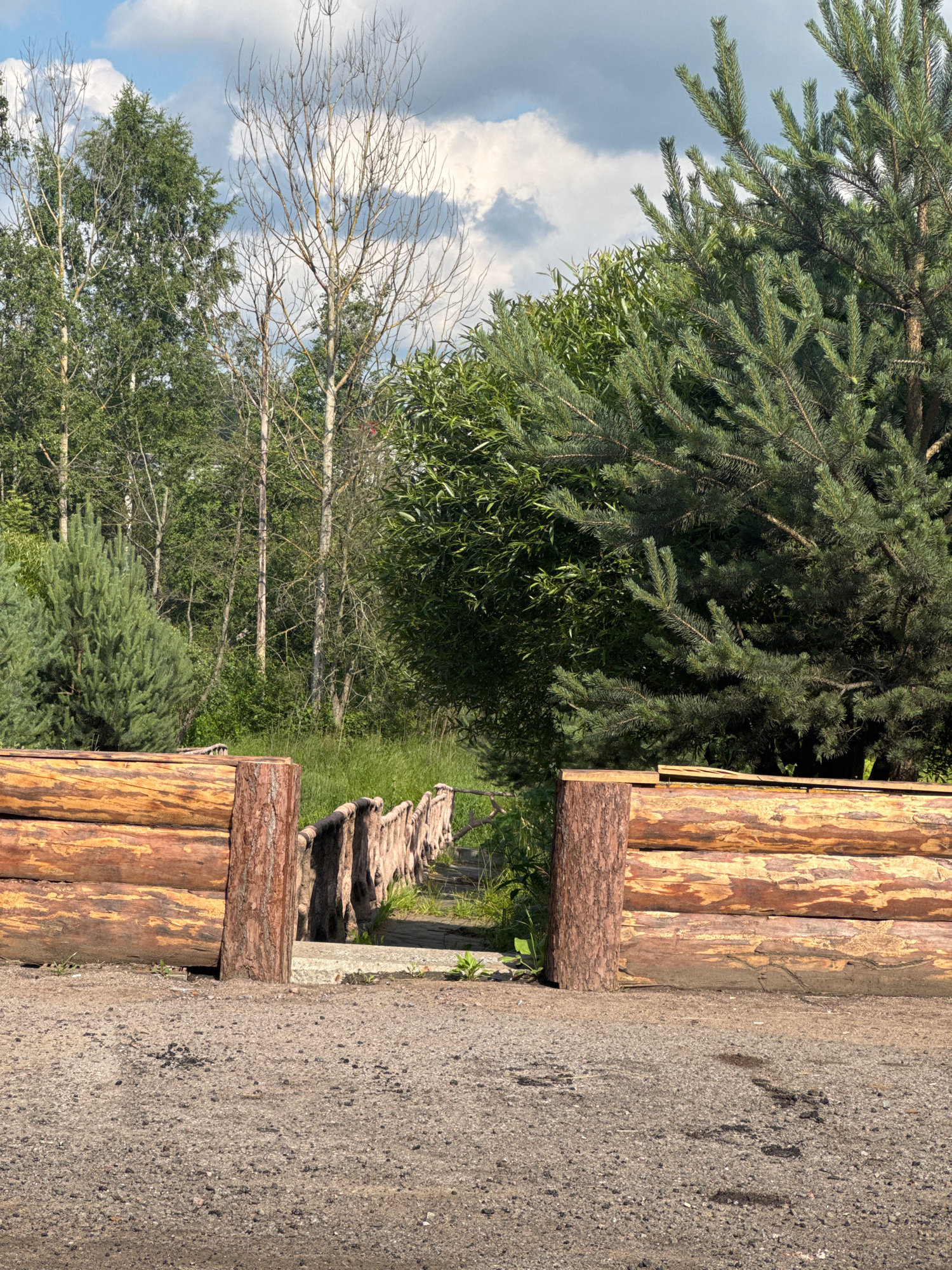 The image depicts a rustic wooden entrance gate constructed from logs. The gate is flanked by two vertical log posts. Beyond the gate, a short, weathered wooden bridge with a low railing leads over a grassy area. In the background, a dense forest with a variety of trees, including some bare deciduous trees and a large evergreen tree, forms a natural backdrop. The sky above is partly cloudy with white cumulus clouds against a blue sky. The foreground consists of a dirt or gravel pathway. The scene appears to be located in a natural, outdoor setting, possibly a park or a rural area. The location is identified as Gorodok, Russia. There are no people or animals visible in the image.
