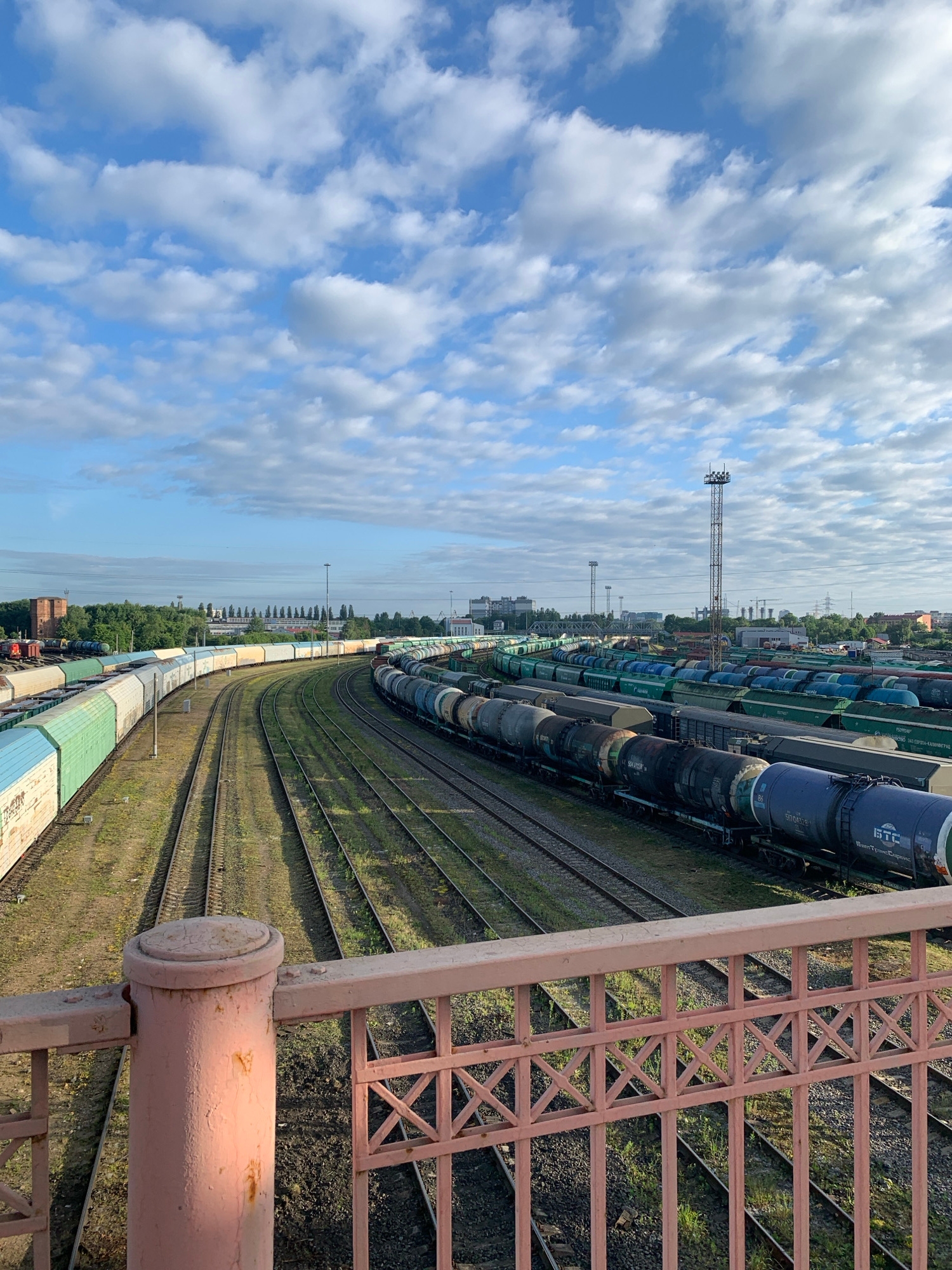 This image captures a vast railway yard under a partly cloudy sky, viewed from an elevated position, possibly a bridge or overpass. The scene is dominated by multiple parallel railway tracks stretching into the distance, lined with numerous freight cars. These cars appear to be a mix of tank cars, recognizable by their cylindrical shape, and covered hoppers, with some painted in various shades of blue, green, and white. The ground around the tracks is covered with gravel and patches of green grass.
In the background, a city skyline is visible, with buildings and trees interspersed. Several tall industrial structures, possibly power lines or communication towers, punctuate the horizon. The sky is a vibrant blue, with fluffy white clouds scattered across it. The sunlight suggests it is daytime, likely morning or afternoon.
The foreground is partially occupied by a reddish-brown metal structure, part of the viewing platform or bridge. A large, pinkish cylindrical support pillar with visible signs of rust and chipped paint is a prominent feature on the right side of the frame.
There is no discernible activity of people or specific events taking place; the image seems to focus on the static landscape of the railway infrastructure and the natural elements of the sky. The overall impression is one of industrial scale and quiet, orderly operation within a vast network. Some text is visible on the blue tank cars, including "GTC" and numbers like "5902020" and "5901825", but it is too small to be fully legible in detail.