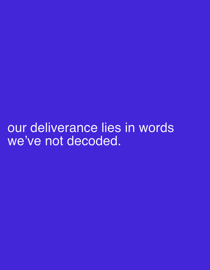 The image displays white text on a solid purple background. The text reads: "our deliverance lies in words we've not decoded." There are no people, objects, actions, interactions, or environmental details visible in the image. The location of Amaigbo, Nigeria, is not depicted or suggested by any element within the image.