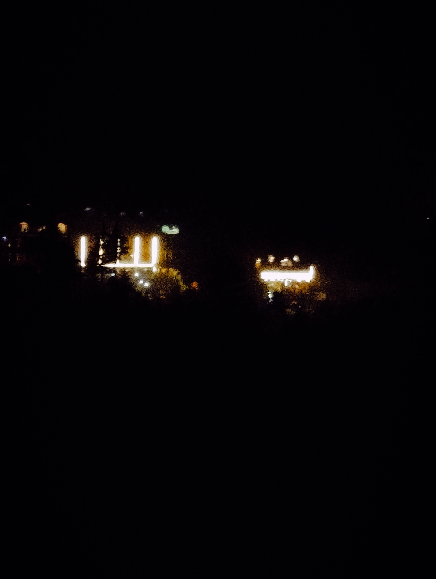 The image depicts a dark, nighttime scene with illuminated structures reflected on water. Two distinct clusters of bright lights are visible. The left cluster is a horizontal band of light, appearing to be a building or a bridge with multiple illuminated windows or sections. Below this band, the reflection on the water shows a similar pattern of light. To the right of this, there is another cluster of lights, also appearing as a horizontal bar, possibly from another structure. This light is more diffused, with a yellowish hue. The overall impression is of an urban waterfront at night. Without additional context or clearer details, it is impossible to definitively identify the specific location within Vashisht, India. The image is characterized by low light conditions and a somewhat blurred quality, common in nighttime photography with ambient light sources.