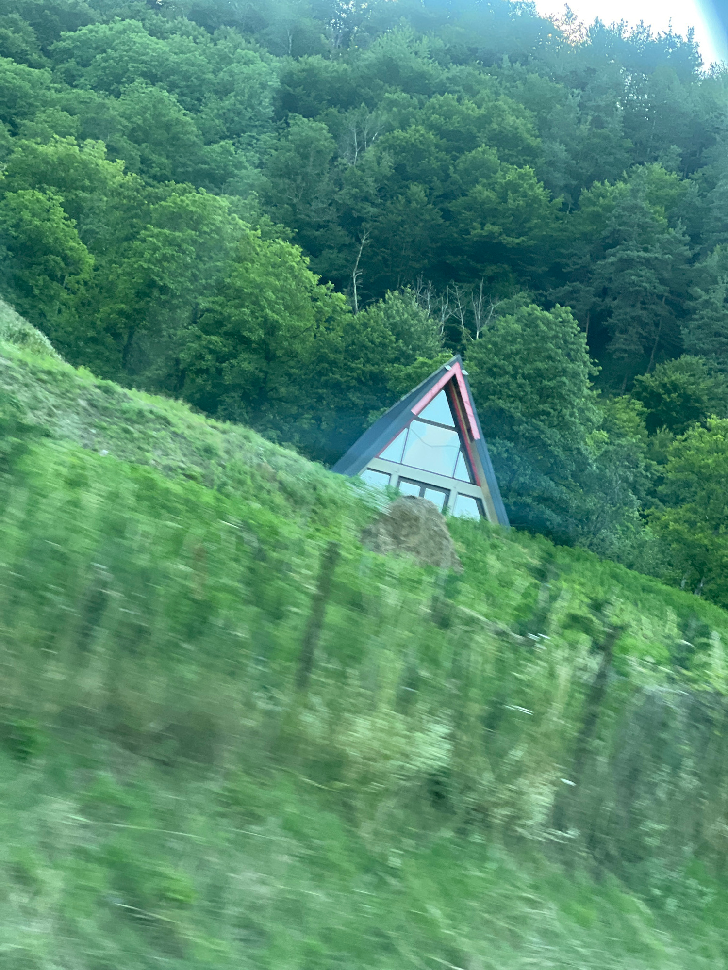 The image shows a modern, triangular building nestled into a lush green hillside surrounded by dense forest. The building features large, angular windows that reflect the surrounding greenery. The perspective is from a slight elevation, looking down towards the building. The foreground is dominated by a blurred expanse of green grass, suggesting the photo was taken while in motion, possibly from a vehicle. The background is a dense canopy of vibrant green trees, indicative of a wooded area. The lighting suggests it is daytime, with the sky appearing bright and overcast on the left side of the frame. The overall scene evokes a sense of natural beauty and modern architecture harmoniously integrated into the landscape. The location context of Brezoi, Romania, aligns with the description of a mountainous, forested region. There is no visible text in the image.