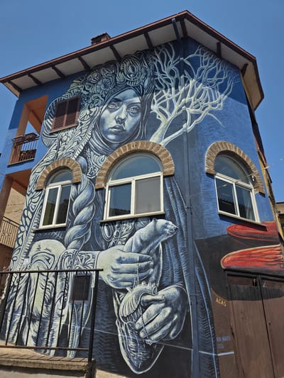 The image displays a vibrant mural painted on the side of a building in Viterbo, Italy. The mural is a striking depiction of a woman's face with elaborate headwear and intertwined with tree branches and a bear. The woman's eyes are wide and piercing, looking directly at the viewer. She is holding a heart in her hands, which is intricately detailed with veins and arteries. The color palette is predominantly blue, with white and grey used for the details of the mural.
The building itself appears to be a multi-story structure with arched windows and balconies. The windows on the muraled wall are framed by arched brickwork. The mural extends across the entire visible side of the building, creating a captivating urban art piece. The sunny sky provides a bright backdrop, highlighting the artistry of the mural.
The mural includes the signatures "ACAS", "VERA BIGATTI", and the year "2024", indicating the artists and the completion date. The location in Viterbo, Italy, is specified by the presence of the mural on the building's facade. The overall scene is a testament to the integration of art into the urban landscape, transforming a functional building into a canvas for creative expression.