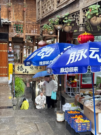 The image depicts a narrow, wet stone-stepped alleyway in the city of Gongtan, China, under overcast or rainy conditions. Traditional multi-story wooden buildings with intricate lattice windows, balconies, and ornate eaves line both sides of the steep passageway. Hanging baskets containing green plants are suspended from the buildings, and red lanterns, one prominently on the right, illuminate the scene.

In the foreground, two large blue market umbrellas, branded with Chinese characters including "找回状元" (find the champion) and "脉动回来" (pulse back, a brand slogan), extend over a market stall on the right. This stall displays various produce, including oranges and apples in blue crates, and other packaged goods on a wooden table. A red refrigerator and metal shelving are visible behind the stall.

Three individuals navigate the wet stone steps. A man in a light-colored jacket and dark pants descends the steps, holding a small light-blue umbrella over his head and carrying a light-blue plastic bag in his left hand. Directly behind him and slightly lower on the steps, a woman in a light-colored coat with her hair pulled back ascends. Further down and to the left, a third person, partially obscured, is visible in a bright yellow raincoat, also ascending the steps.

Signs in Chinese characters are affixed to the wooden buildings, including "椿山 烧烤店" (Chunshan BBQ Restaurant) on the left, and a vertical sign listing "今天房" (today's room), "榕山咖啡" (Banyan Mountain Coffee), and "奶茶果汁" (milk tea juice). The stone steps appear slick with moisture, reflecting the ambient light. A rusty cylindrical object, possibly an umbrella stand base, rests on the right side of the steps near the market stall.
