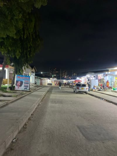 The image shows a street in Dar es Salaam, Tanzania at night. The street is paved and lined with buildings and shops on both sides. There are several people walking on the street and a few vehicles parked. The image is taken from a perspective looking down the street, with the city skyline visible in the background. The street is relatively empty, and there are few people around. There are no signs of traffic, and the only illumination comes from the streetlights and the lights of the buildings. The image was taken at night, and the sky is dark. The street is lined with shops and stalls. There are several people walking around and shopping. A large poster advertising a beauty product, "Maziwa", is prominently displayed on the left side of the image. The building on the left side of the image appears to be made of concrete and has a red roof. The building on the right side of the image is a brightly lit, modern, concrete structure. There are several trees on the left side of the street. The street is empty except for a single car parked on the right side of the street. There are several people on the sidewalk, and a few are walking in the street. There are two street lamps visible in the image, both on the left side of the street. The street is well-lit and appears to be a busy commercial area. The image was taken at night, and the sky is dark, but the city skyline is visible in the distance. The image was taken in the evening, and the city is illuminated. The image was taken in the city of Dar es Salaam, Tanzania. The image was taken at a location with coordinates: -6.822, 39.303.