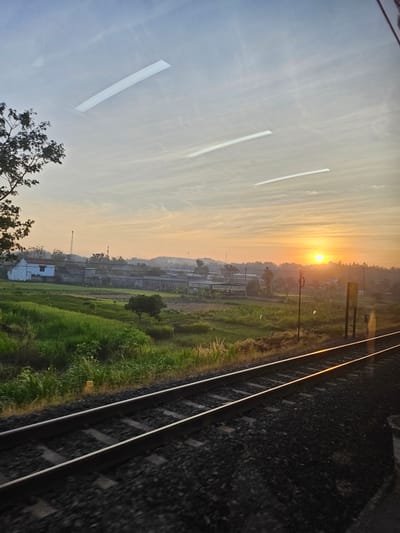 The image depicts a train track running diagonally through a rural landscape at sunrise, likely in the city of Margosari, Indonesia. In the foreground, the dark train tracks with ballast are visible. Beyond the tracks, a verdant green field stretches out, interspersed with a lone tree. Further in the distance, a cluster of buildings, possibly houses and a factory or industrial complex, are nestled amongst more trees and rolling hills. The sky is a soft gradient of pale blue and orange, with the sun a bright orb just above the horizon, casting a warm glow over the scene. Several horizontal white streaks, possibly reflections on a window or light trails, are visible in the sky. A dark tree branches into the frame from the upper left corner. The overall atmosphere is peaceful and serene, capturing the quiet beauty of a new day in the countryside.